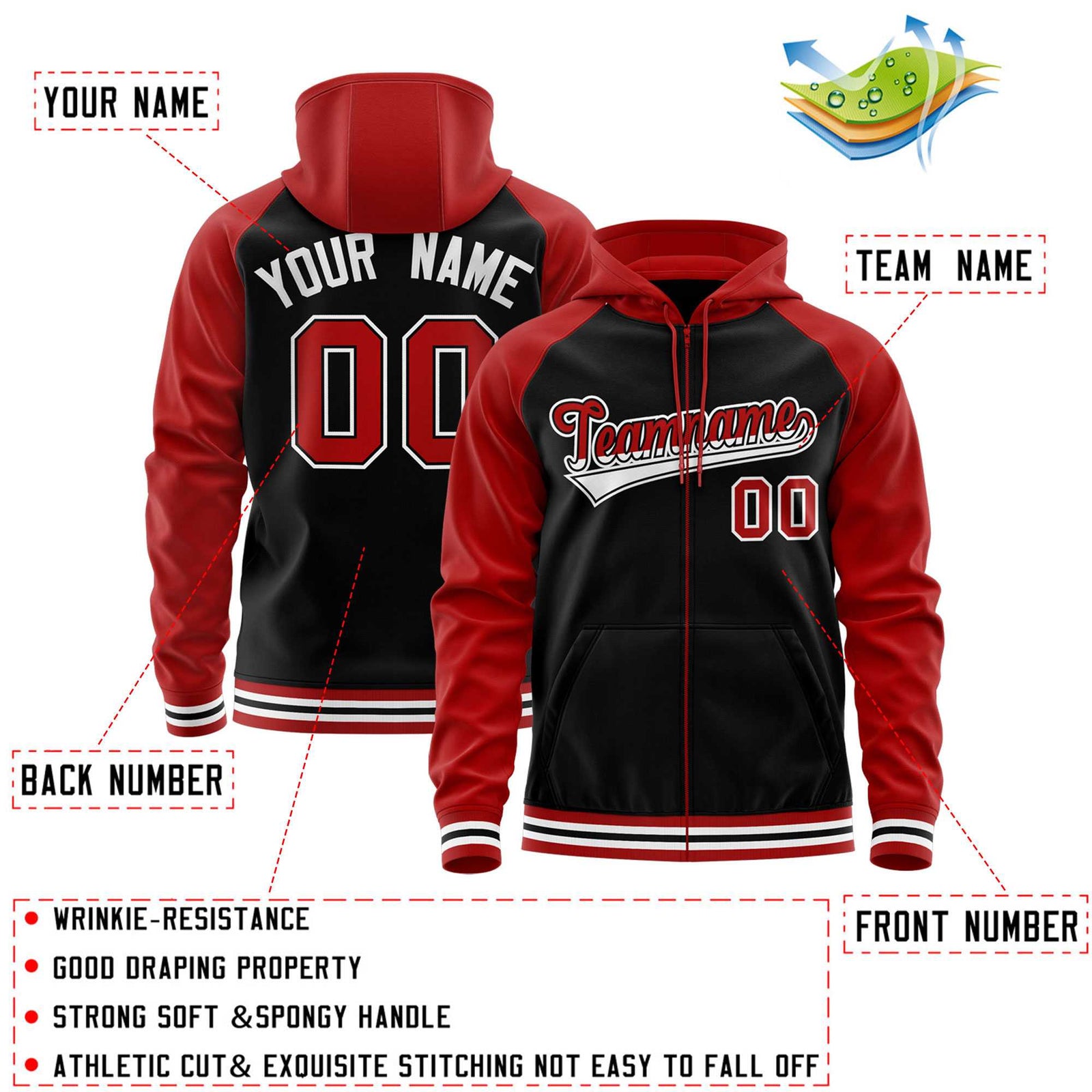 Custom Stitched Black Red Raglan Sleeves Sports Full-Zip Sweatshirt Hoodie