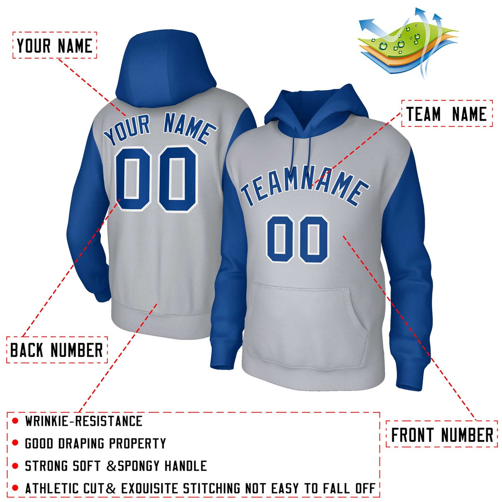Custom Gray Royal-White Raglan Sleeves Stitched Sportwear Pullover Hoodie