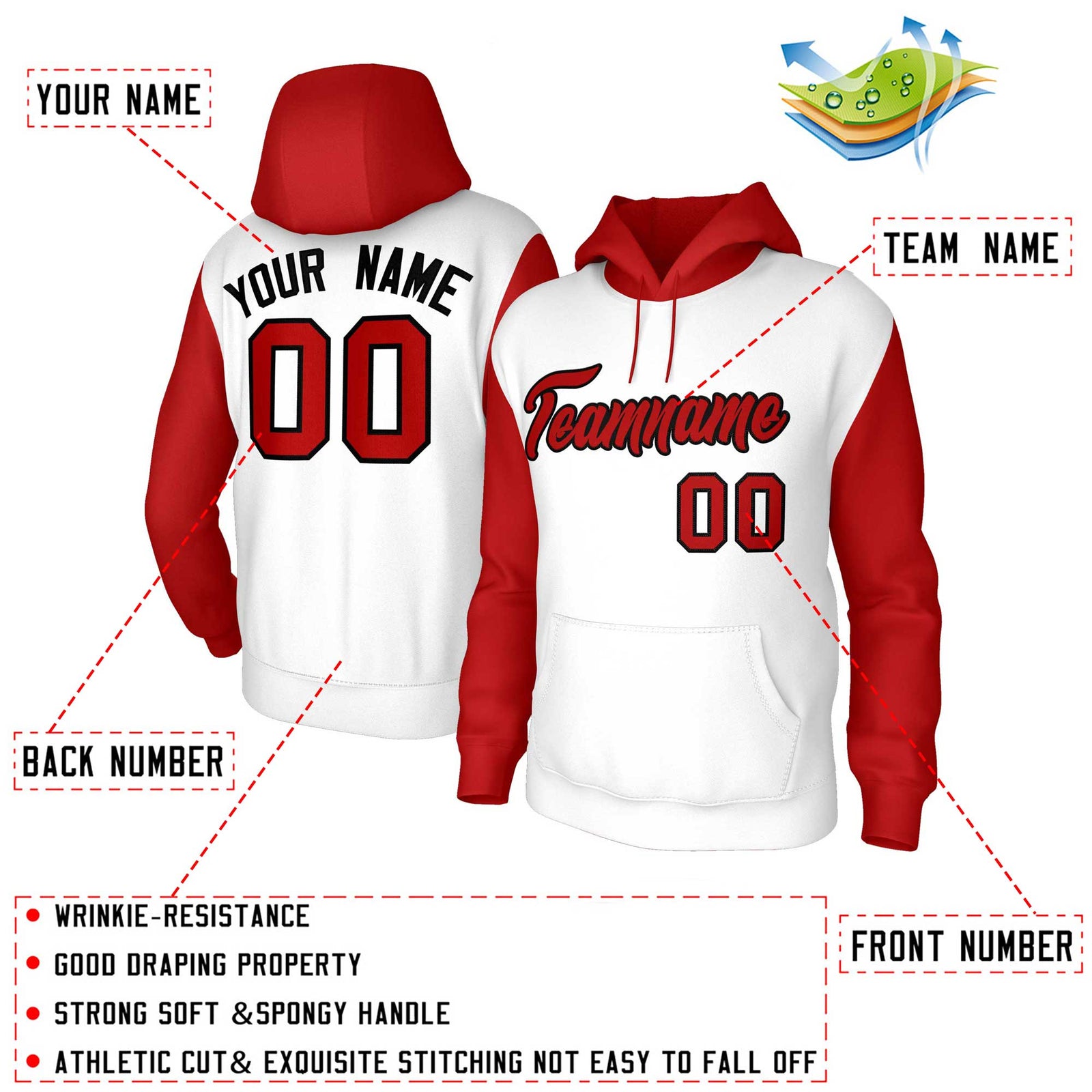 Custom White Red-Black Raglan Sleeves Stitched Sportwear Pullover Hoodie