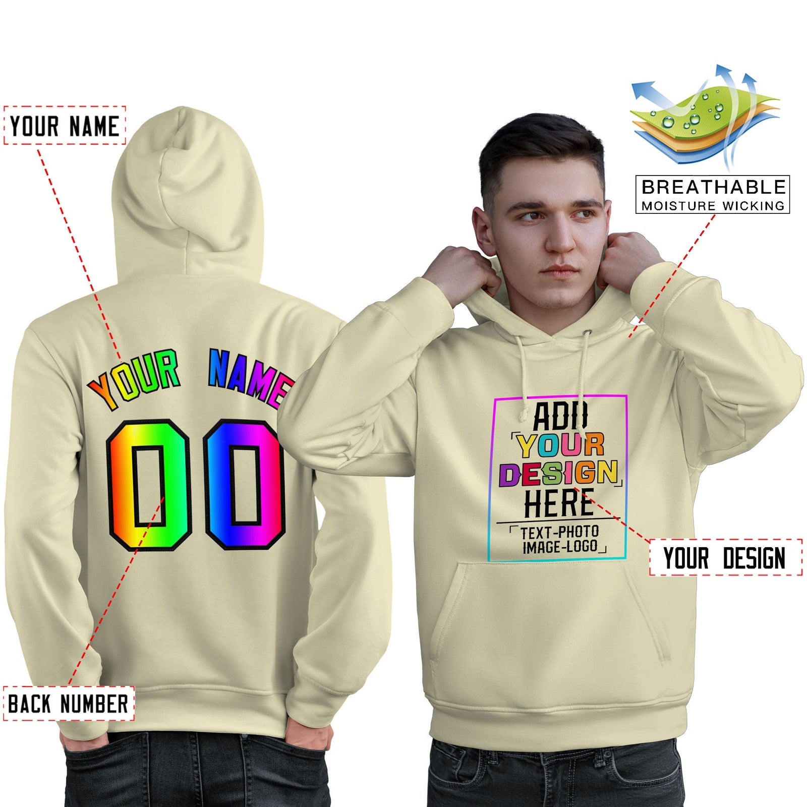 Custom Cream Personalized Rainbow Color Font Team Pullover Sweatshirt Hoodie