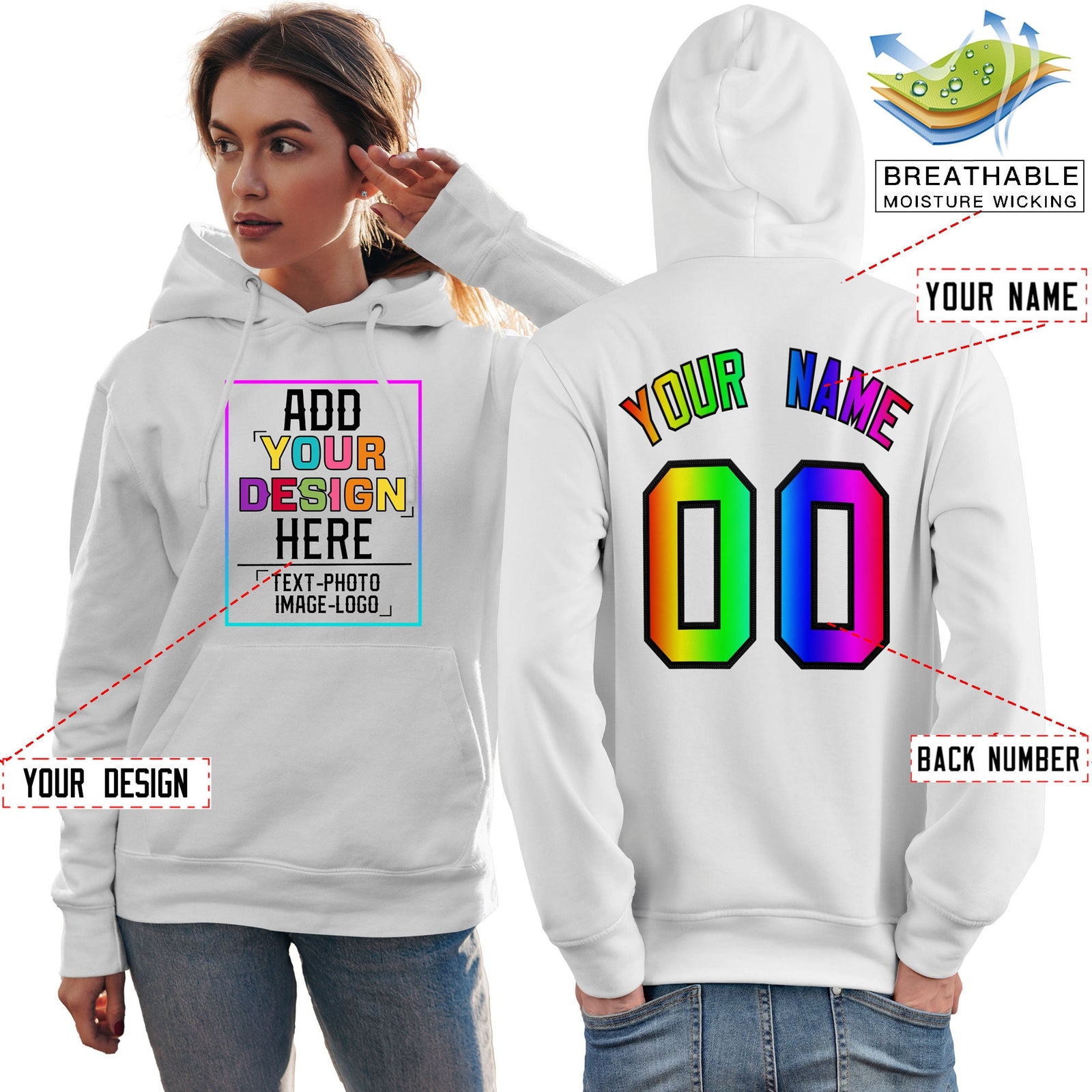 Custom White Personalized Rainbow Color Font Team Pullover Sweatshirt Hoodie
