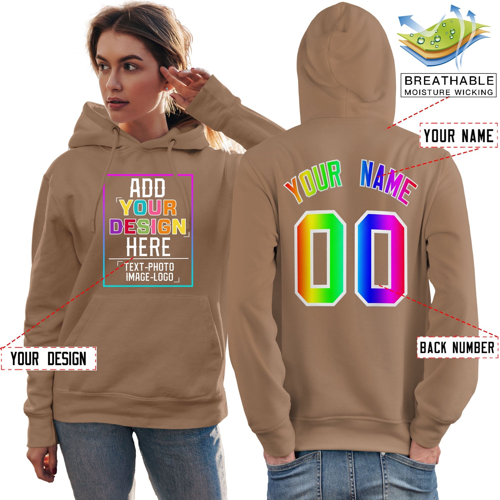 Custom Brown Personalized Rainbow Color Font Team Pullover Sweatshirt Hoodie