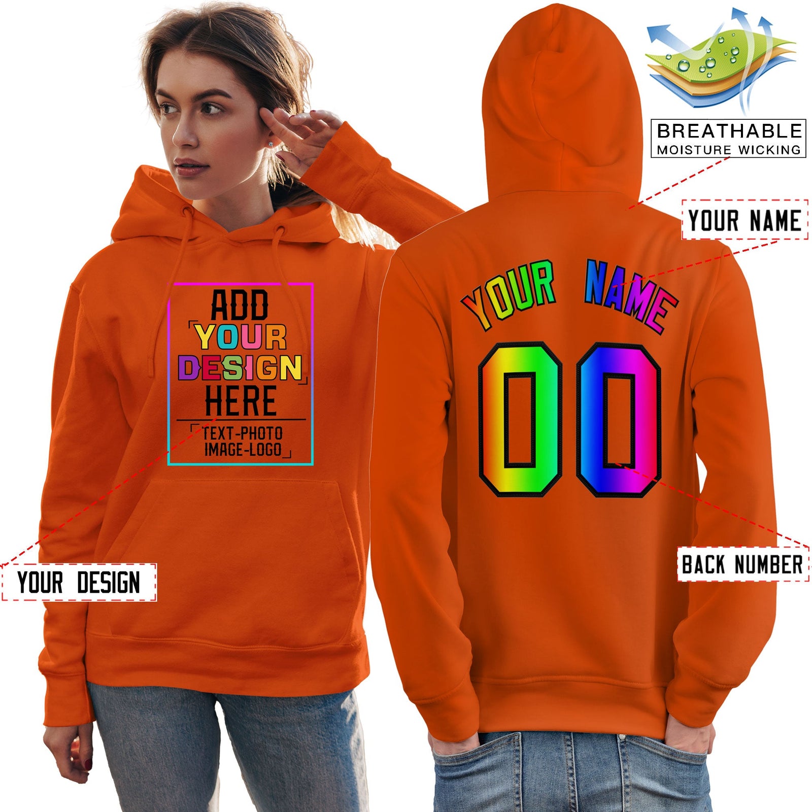 Custom Orange Personalized Rainbow Color Font Team Pullover Sweatshirt Hoodie