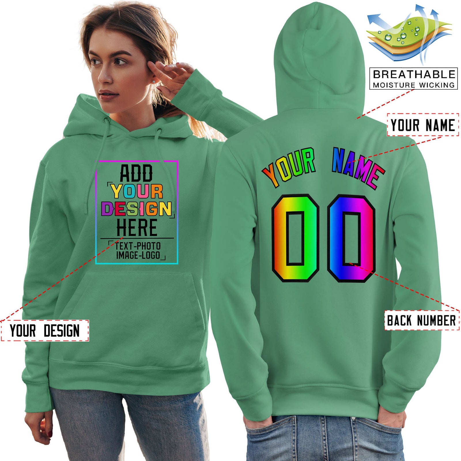 Custom Green Personalized Rainbow Color Font Team Pullover Sweatshirt Hoodie