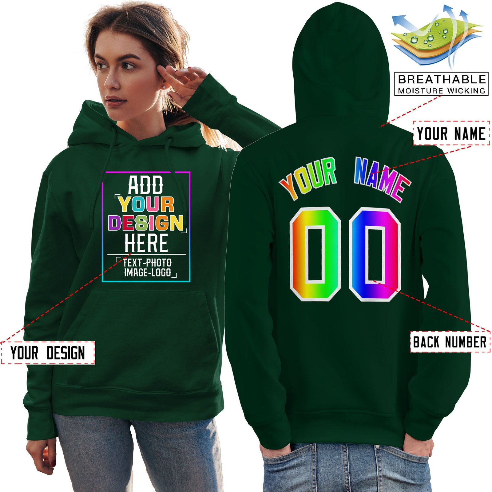 Custom Green Personalized Rainbow Color Font Team Pullover Sweatshirt Hoodie