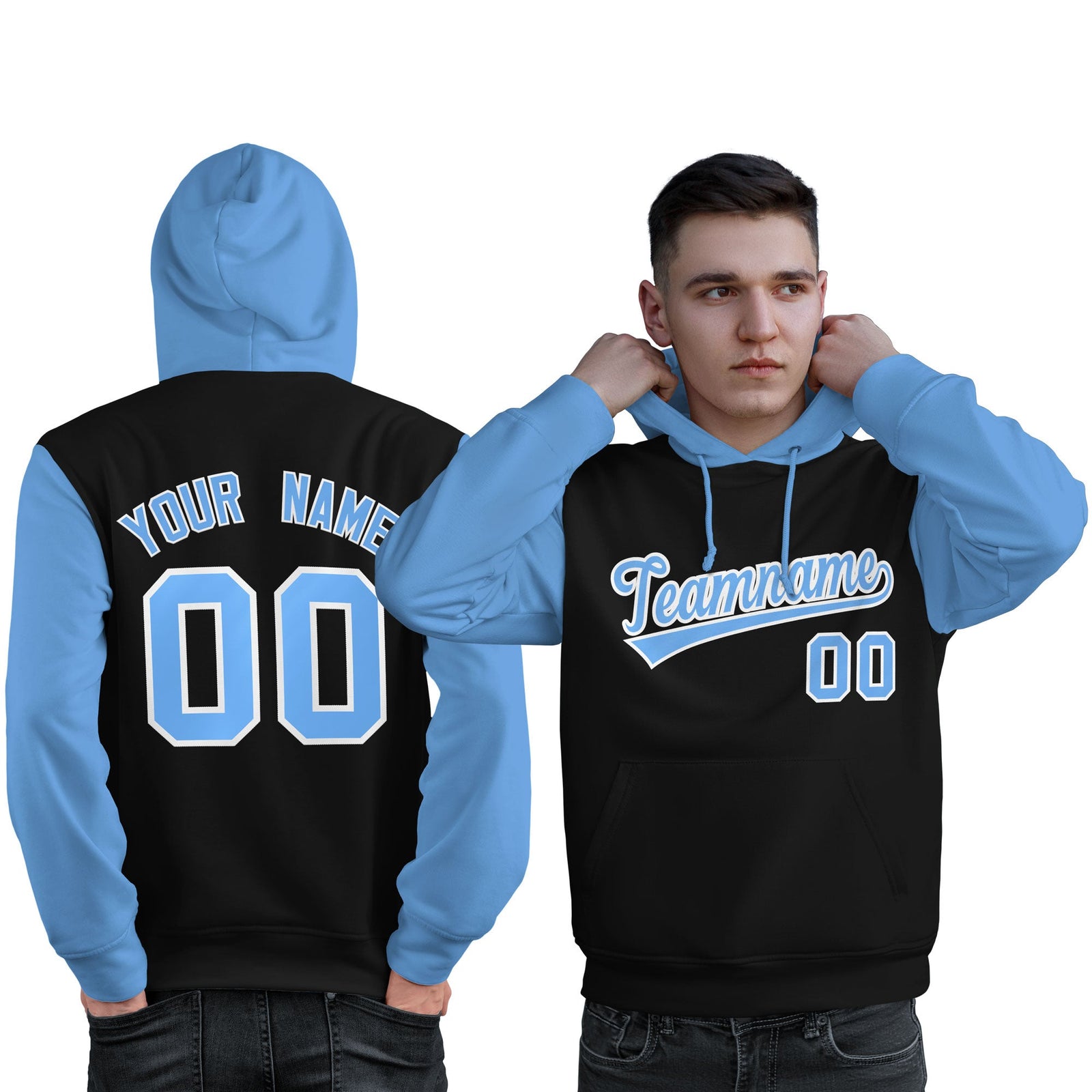 Custom Black Light Blue-White Raglan Sleeves Pullover Personalized Sweatshirt Hoodie