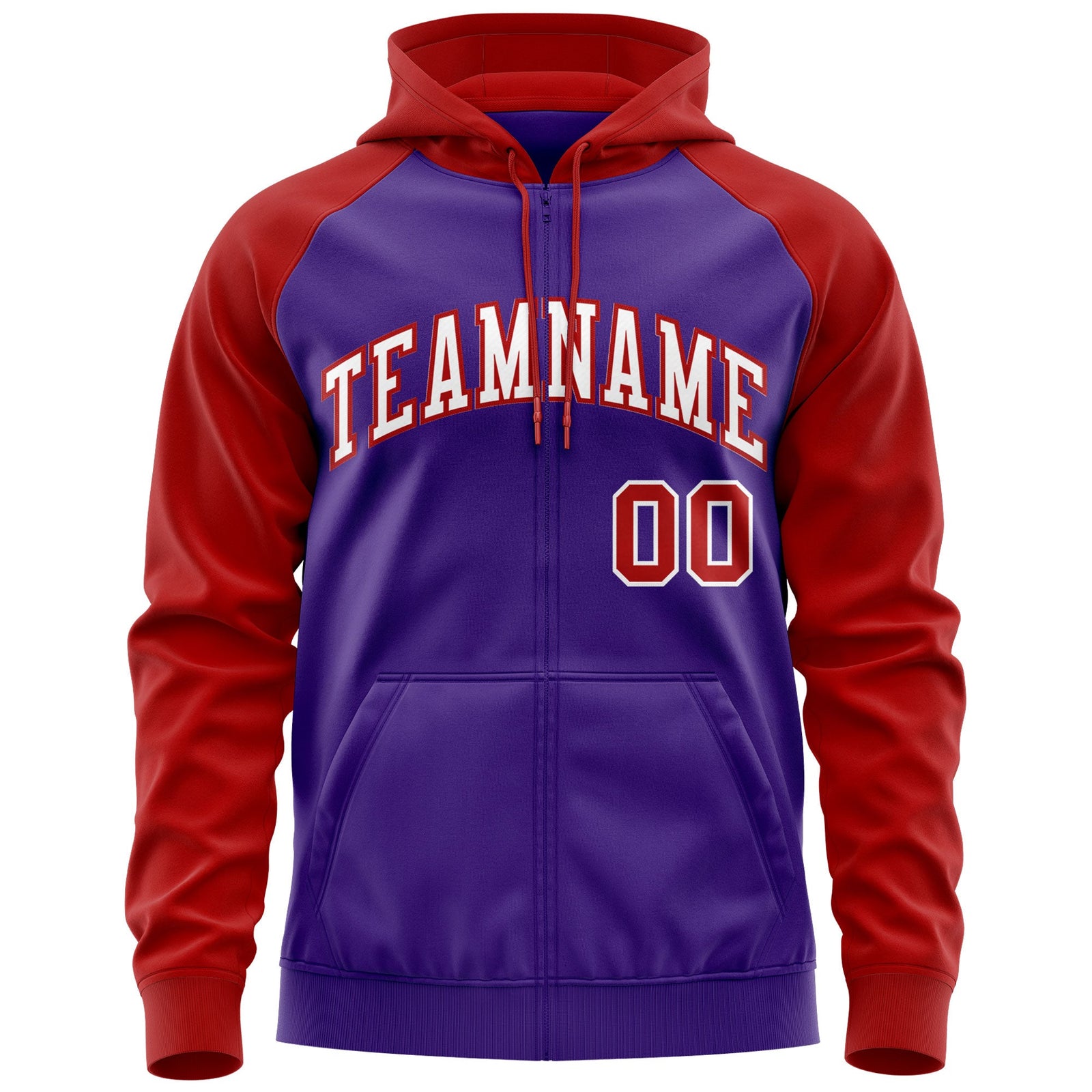 Custom Stitched Purple White-Red Raglan Sleeves Sports Full-Zip Sweatshirt Hoodie