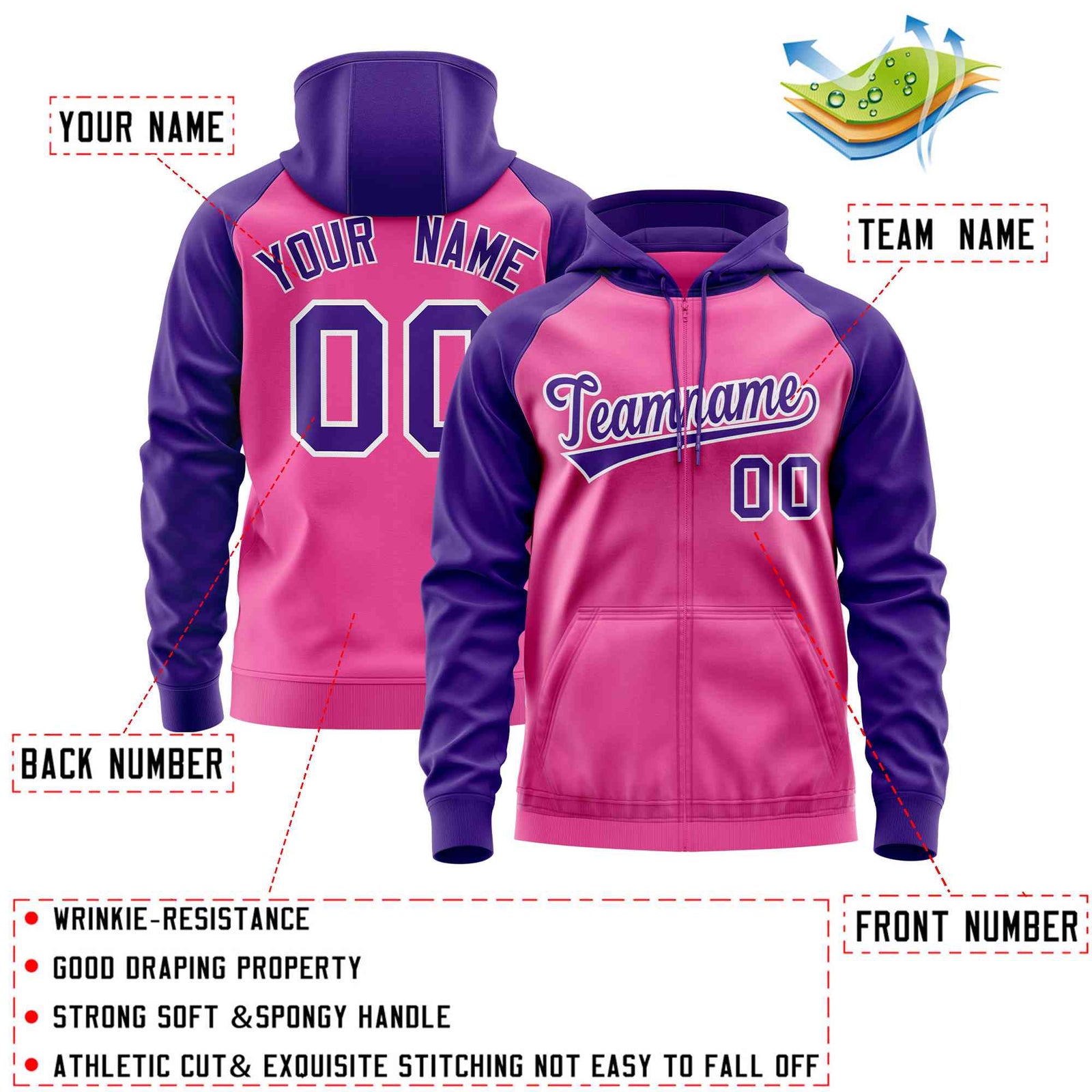 Custom Stitched Pink Purple Raglan Sleeves Sports Full-Zip Sweatshirt Hoodie