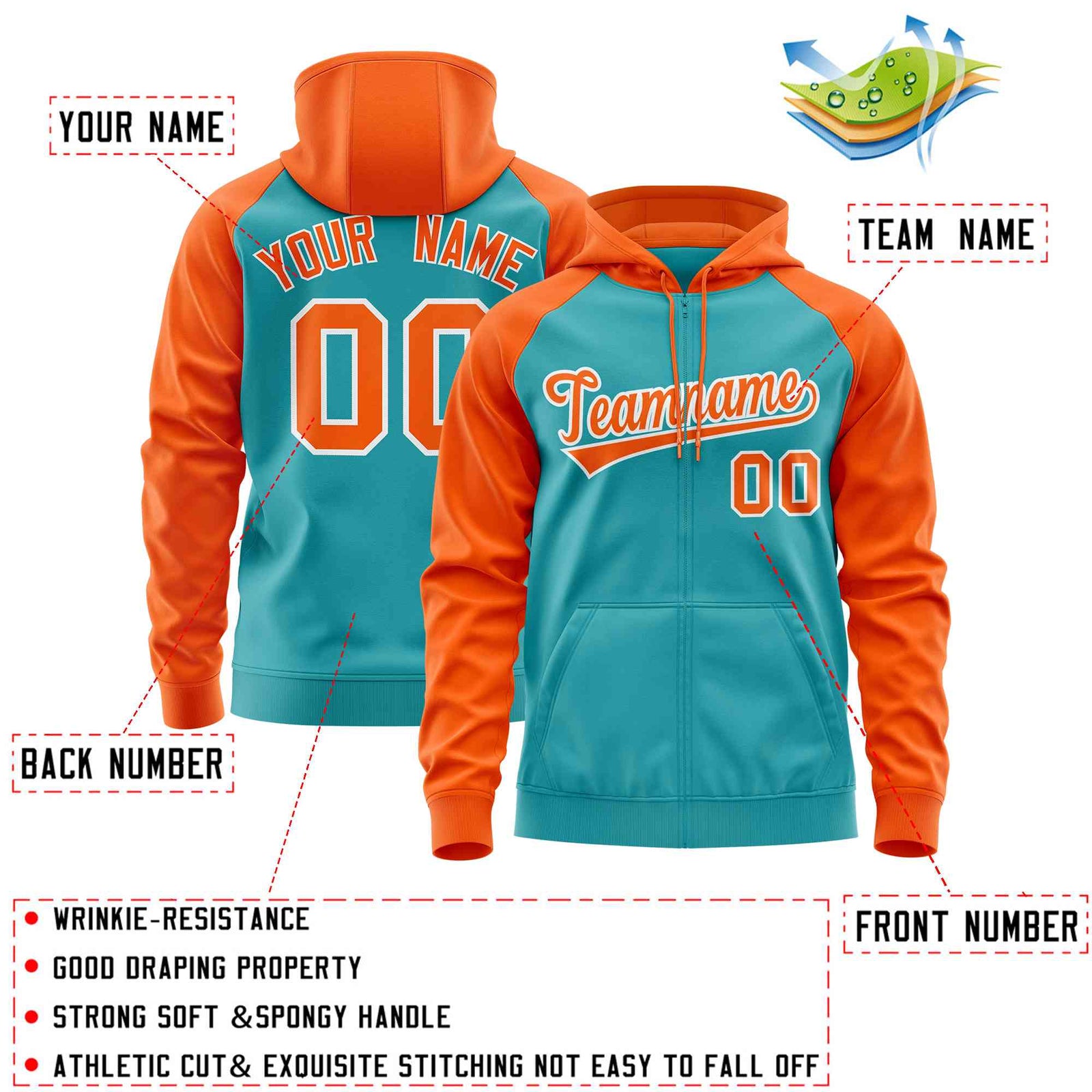 Custom Stitched Aqua Orange Raglan Sleeves Sports Full-Zip Sweatshirt Hoodie