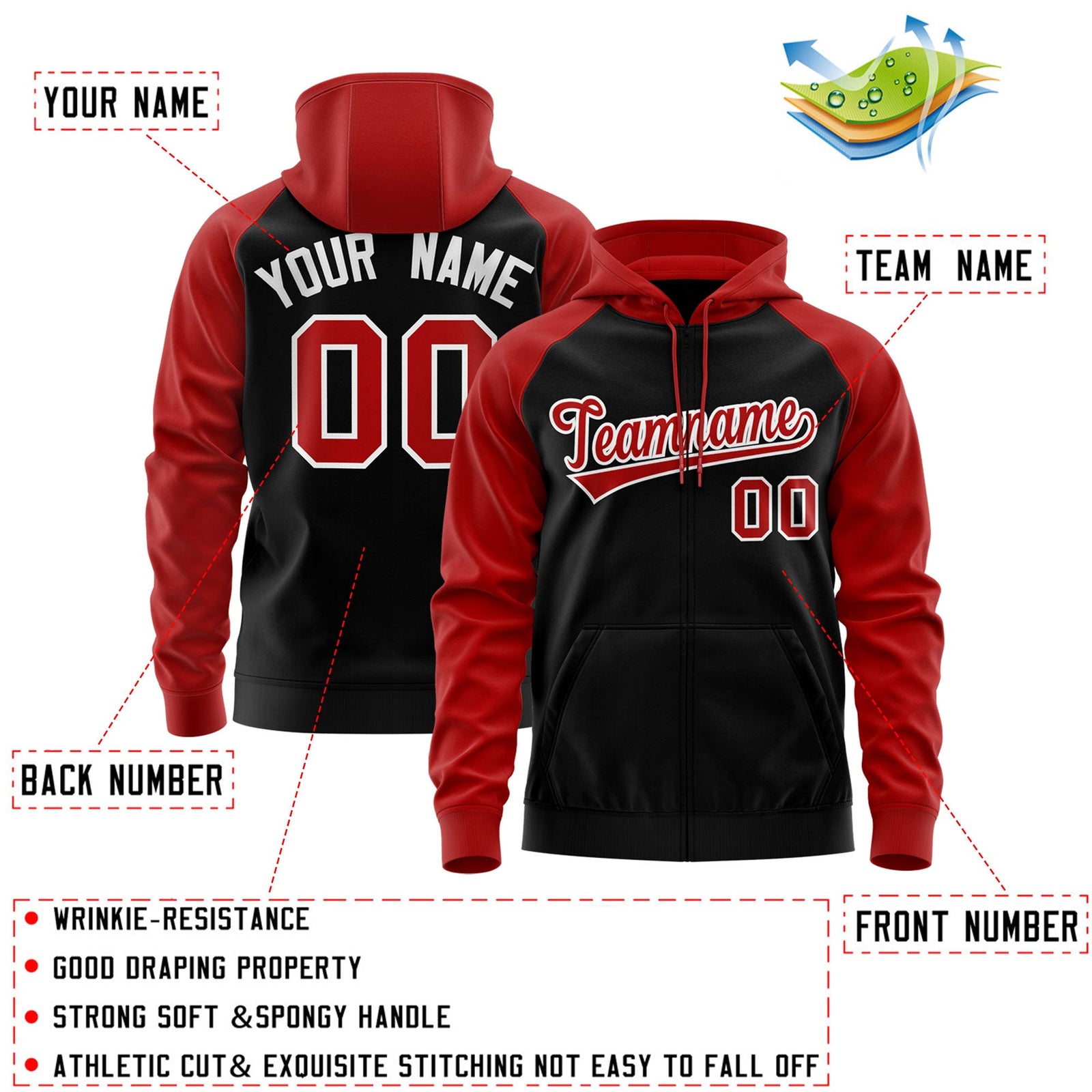 Custom Stitched Black Red-White Raglan Sleeves Sports Full-Zip Sweatshirt Hoodie