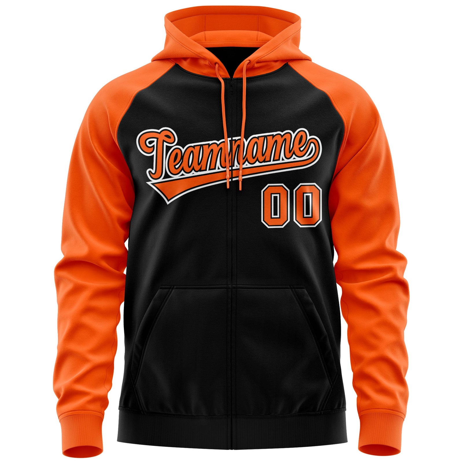 Custom Stitched Black Orange-White Raglan Sleeves Sports Full-Zip Sweatshirt Hoodie