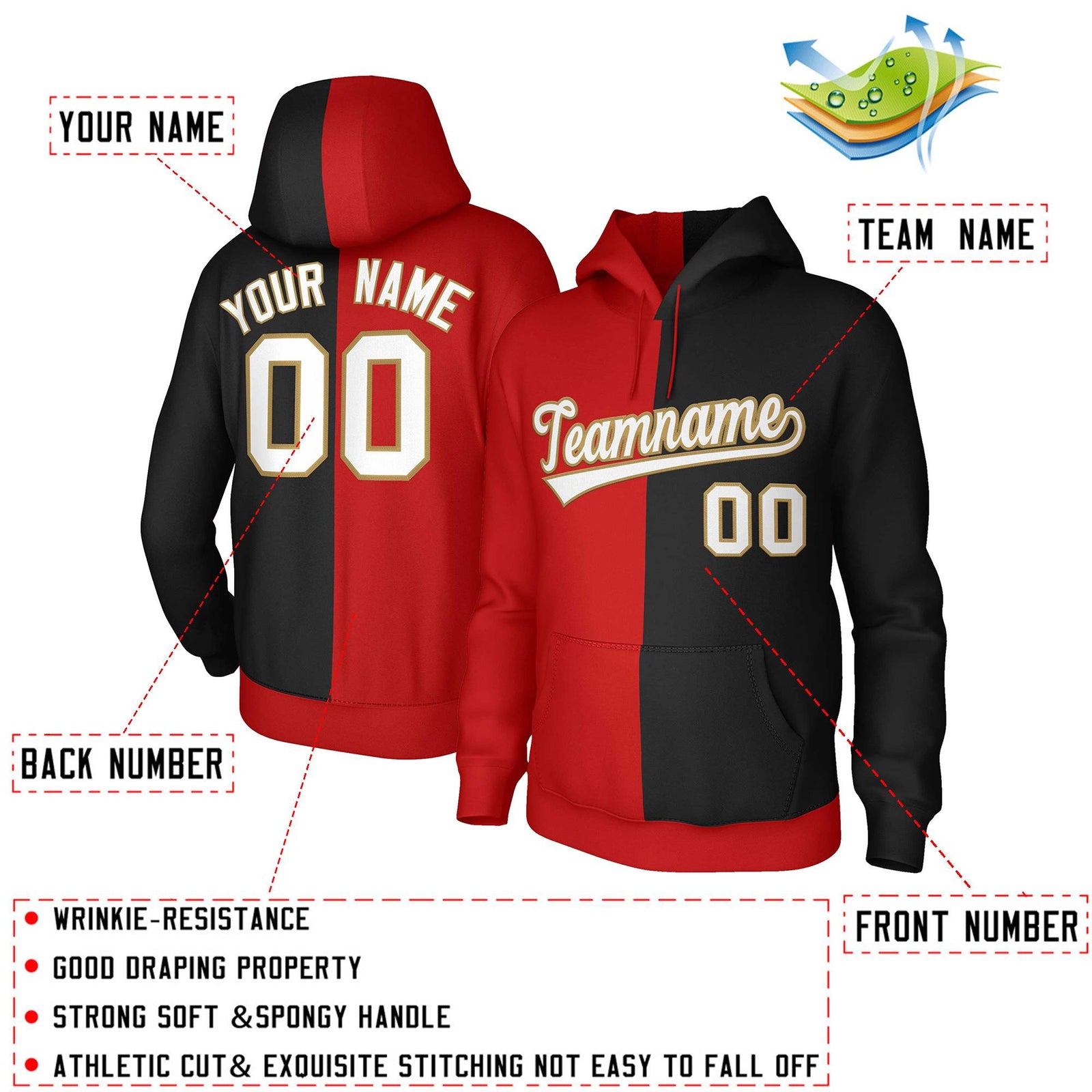 Custom Red Black White-Old Gold Split Fashion Stitched Sportwear Pullover Hoodie