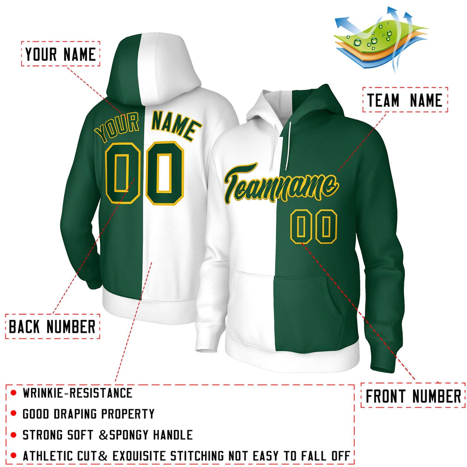 Custom White Green-Gold Split Fashion Stitched Sportwear Pullover Hoodie
