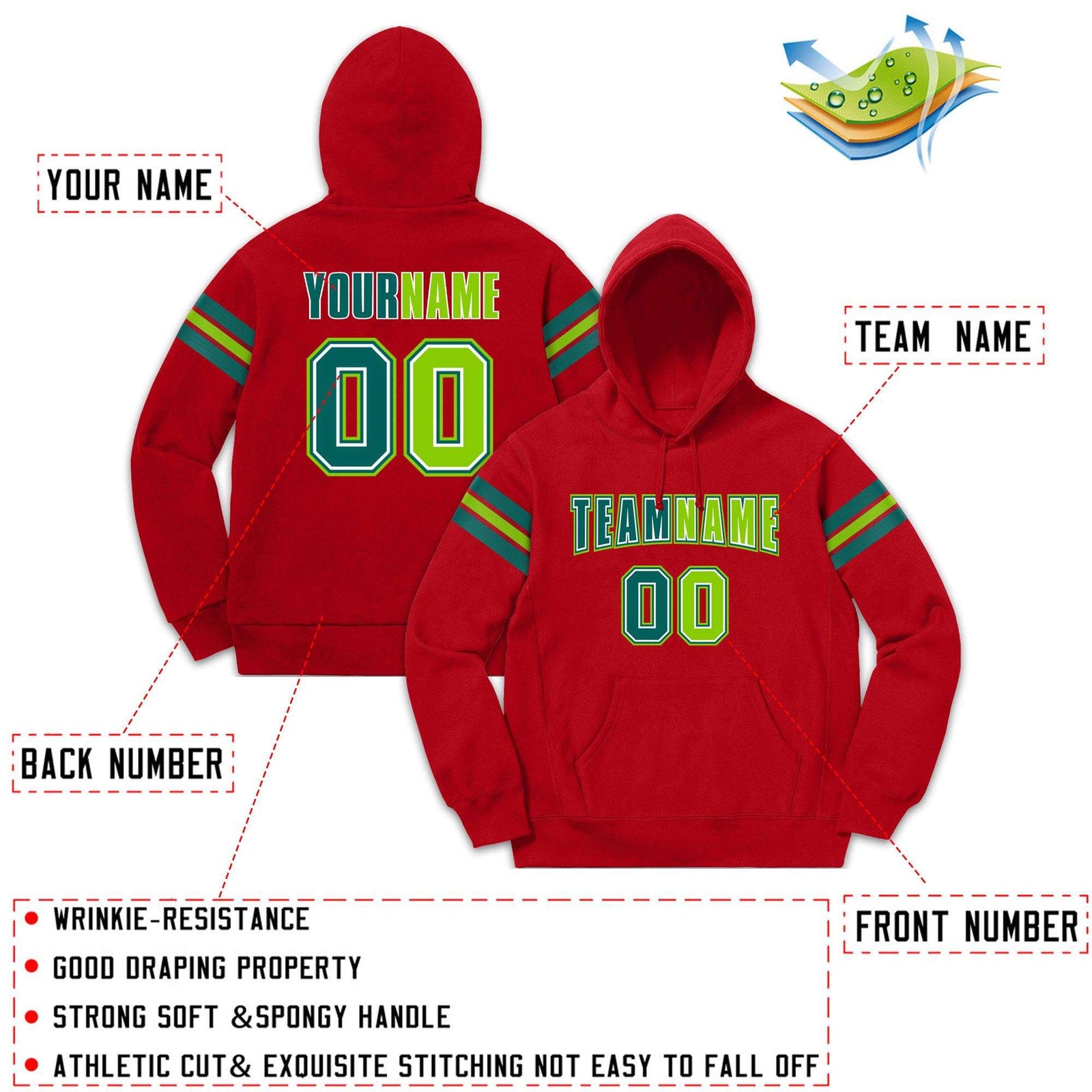 Custom Stitched Red Aqua-Neon Green Cotton Pullover Sweatshirt Hoodie
