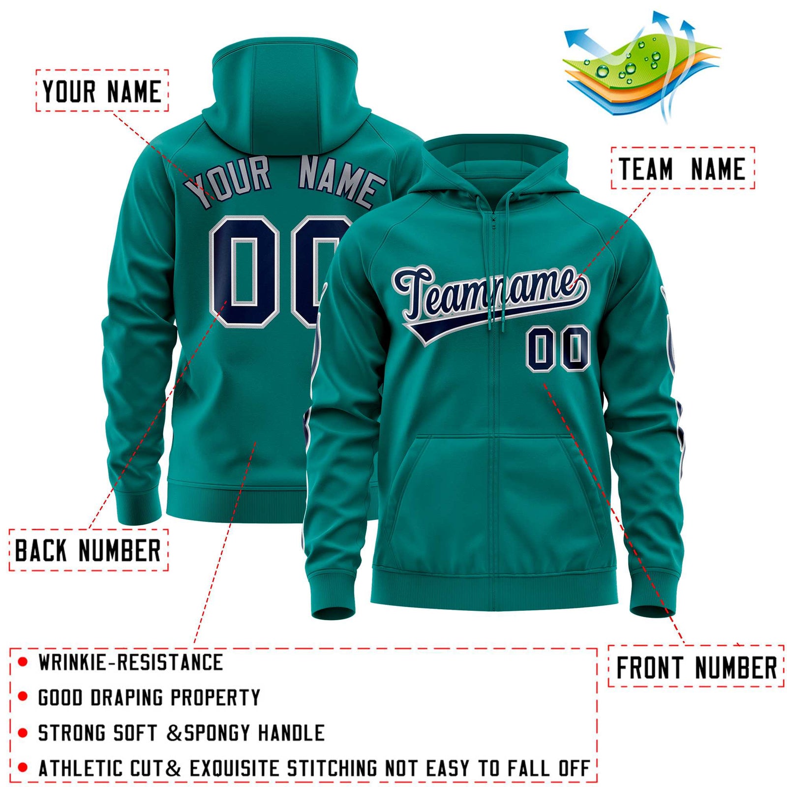 Custom Stitched Aqua Navy Sports Full-Zip Sweatshirt Hoodie with Flame