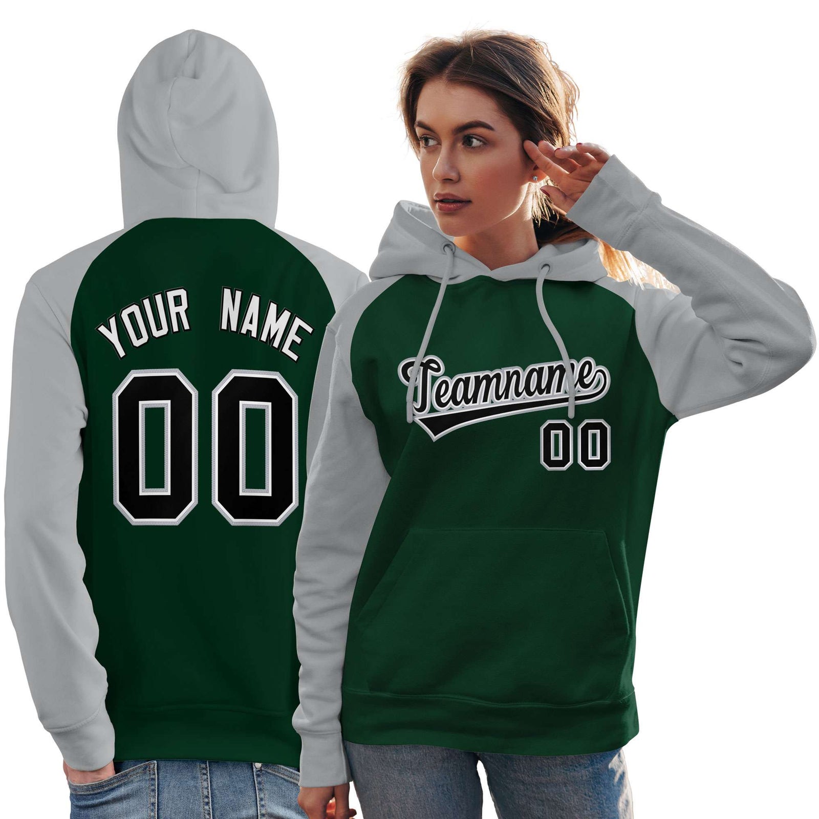 Custom Stitched Green Gray-Black Raglan Sleeves Sports Pullover Sweatshirt Hoodie For Women
