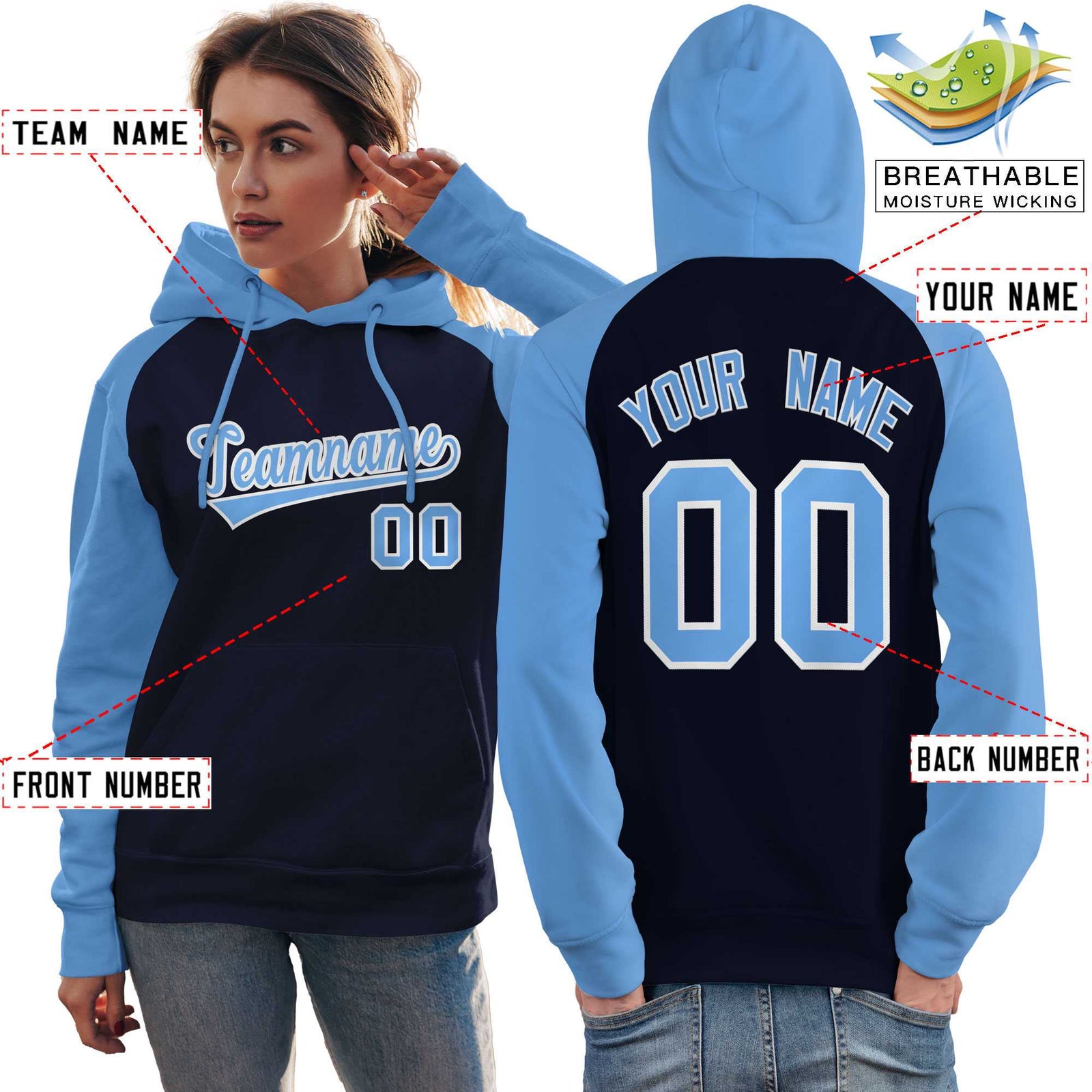 Custom Stitched Navy Powder Blue Raglan Sleeves Sports Pullover Sweatshirt Hoodie For Women