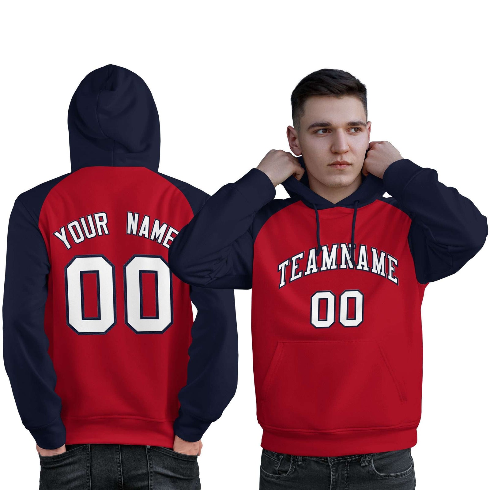 Custom Stitched Red Navy-White Raglan Sleeves Sports Pullover Sweatshirt Hoodie For Men