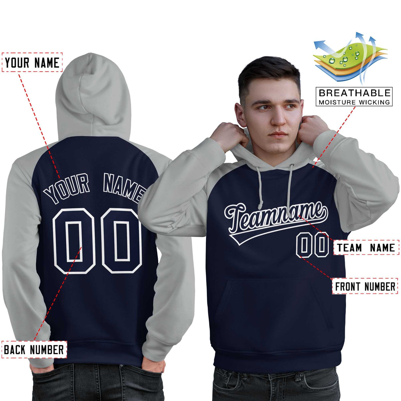 Custom Stitched Navy Gray Raglan Sleeves Sports Pullover Sweatshirt Hoodie For Men