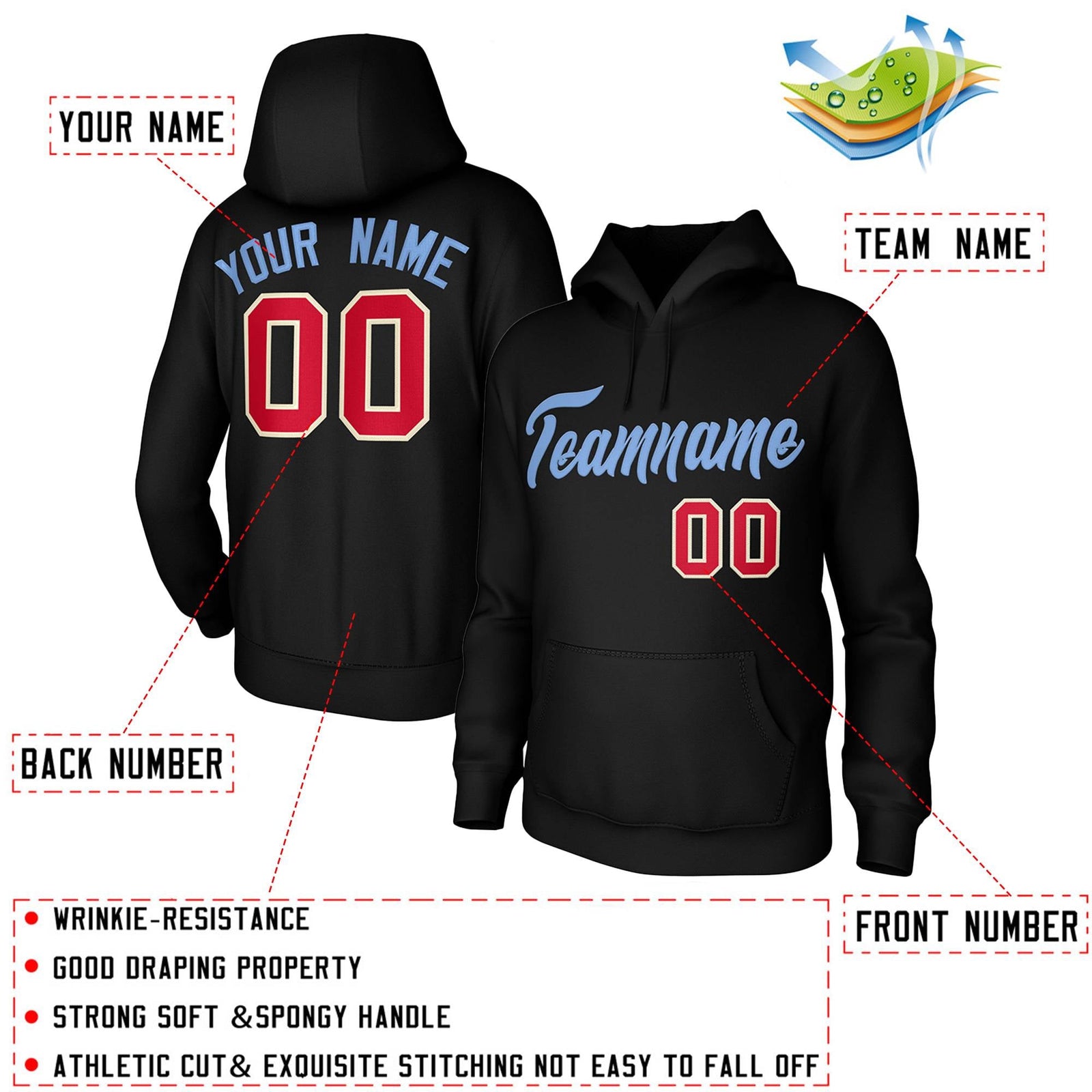 Custom Black-Light Blue Classic Style Personalized Uniform Pullover Hoodie