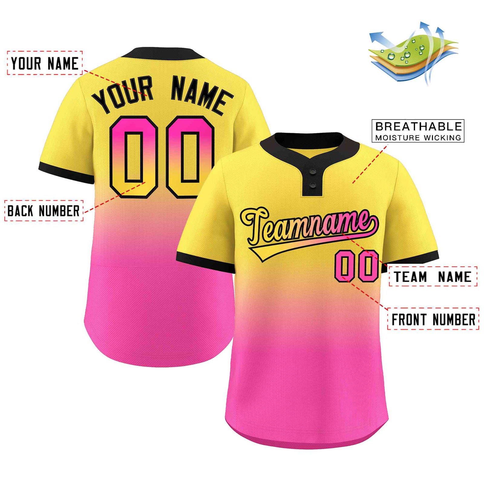Custom Gold Pink Gold-Black Gradient Fashion Authentic Two-Button Softball Jersey
