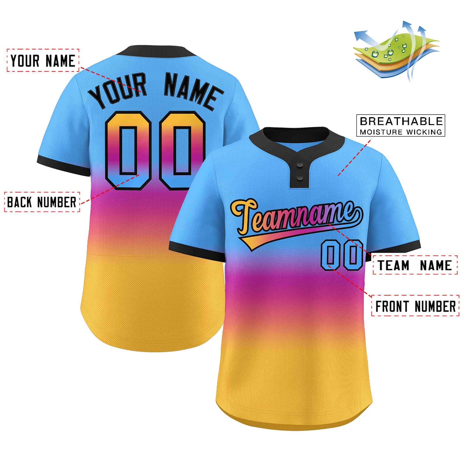 Custom Powder Blue Purple Gold-Pink Gradient Fashion Authentic Two-Button Softball Jersey