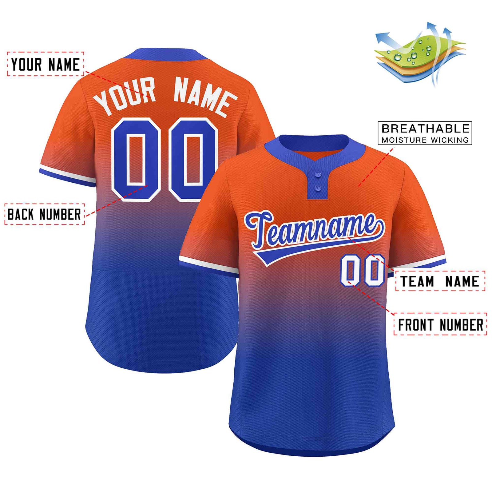 Custom Orange Royal Royal-White Gradient Fashion Authentic Two-Button Softball Jersey