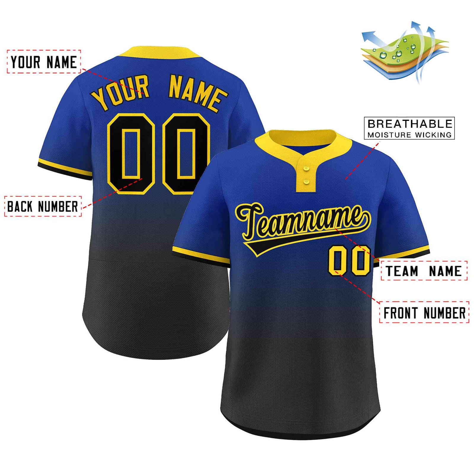 Custom Royal Black Black-Gold Gradient Fashion Authentic Two-Button Softball Jersey
