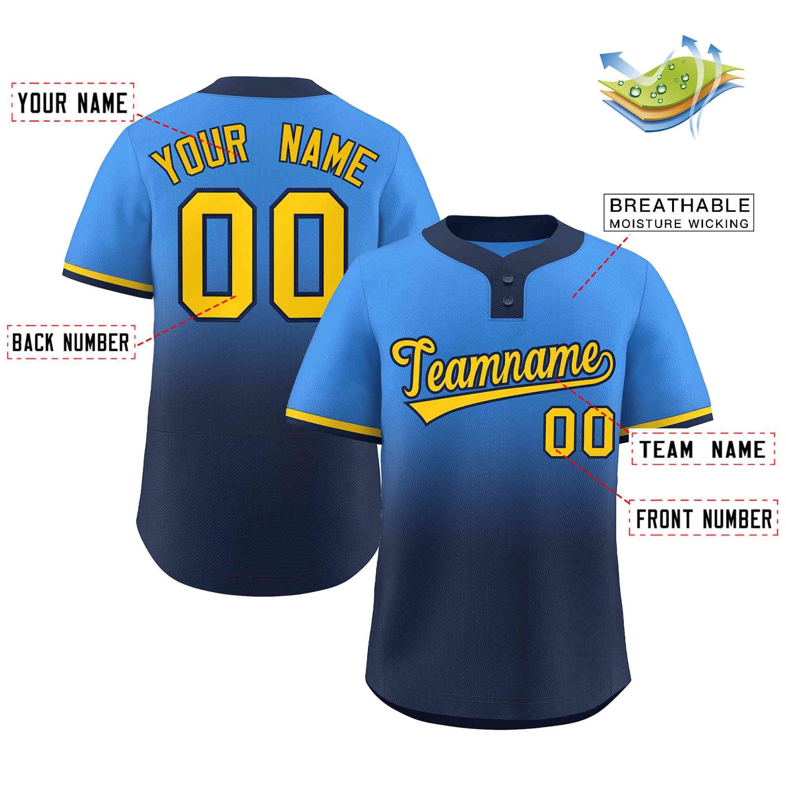 Custom Powder Blue Navy Gold-Navy Gradient Fashion Authentic Two-Button Softball Jersey