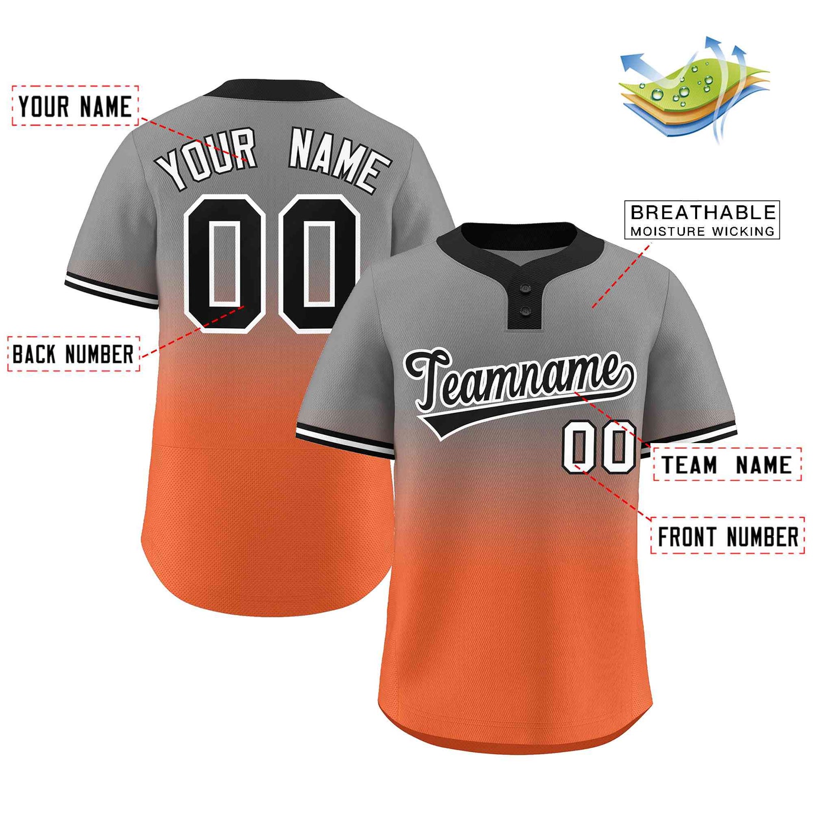 Custom Gray Orange Black-White Gradient Fashion Authentic Two-Button Softball Jersey