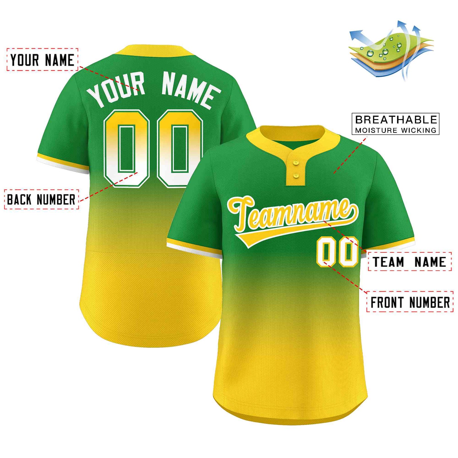 Custom Kelly Green Gold Gold-White Gradient Fashion Authentic Two-Button Softball Jersey
