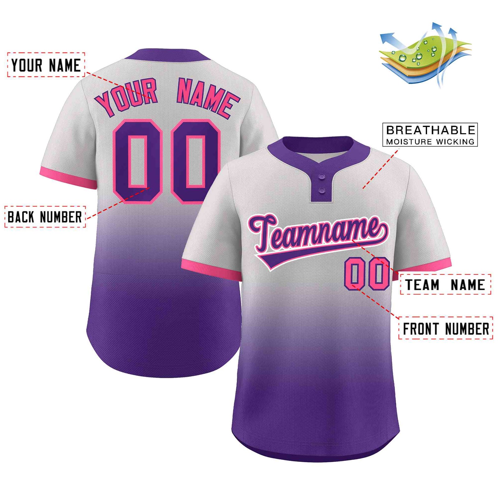 Custom Gray Purple Purple-Pink Gradient Fashion Authentic Two-Button Softball Jersey