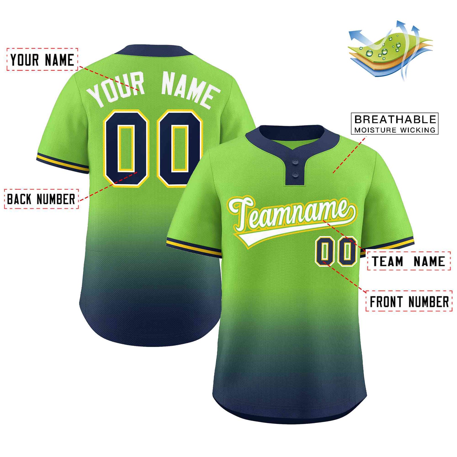 Custom Neon Green Navy White-Neon Green Gradient Fashion Authentic Two-Button Softball Jersey