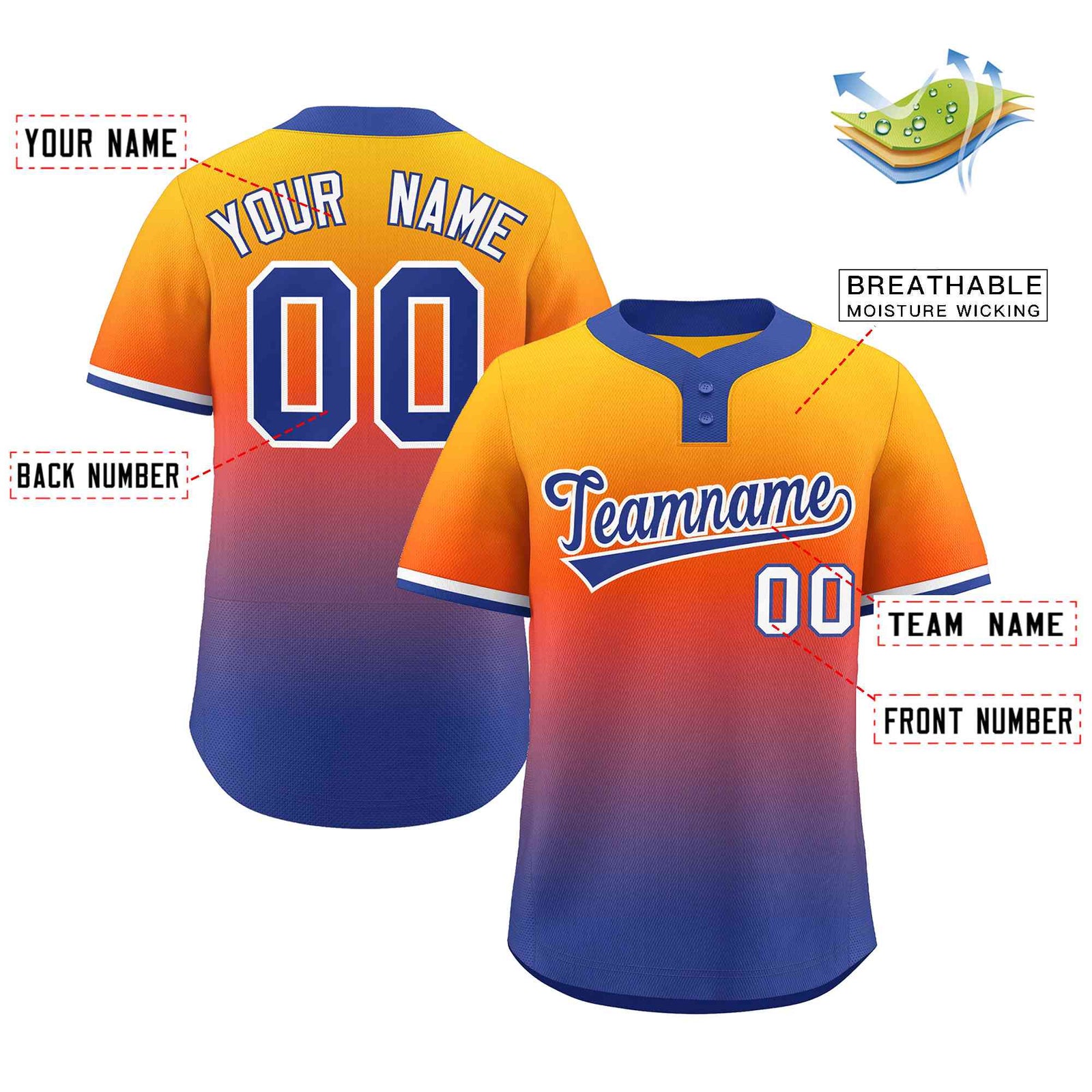 Custom Gold Orange Royal-White Gradient Fashion Authentic Two-Button Softball Jersey