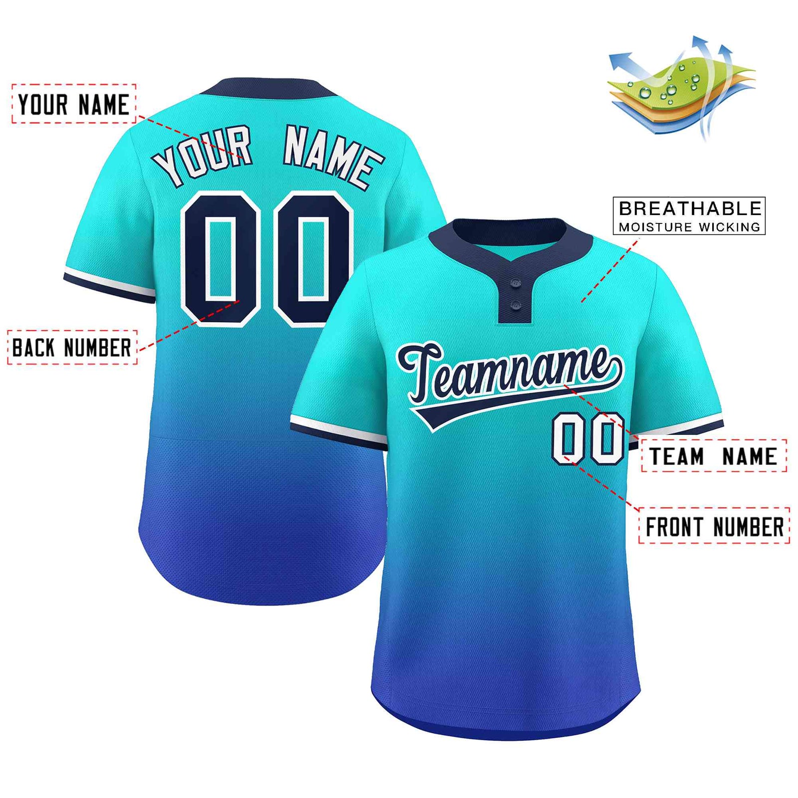 Custom Aqua Royal Navy-White Gradient Fashion Authentic Two-Button Softball Jersey
