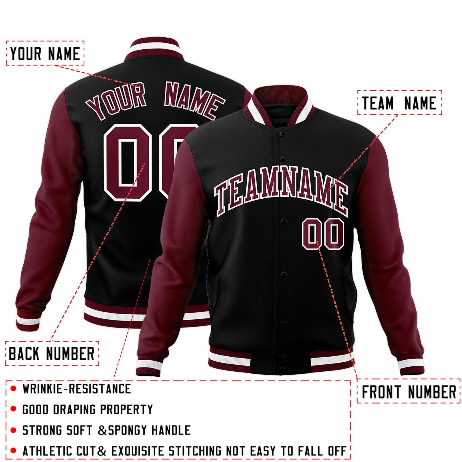 Custom Black Crimson-White Raglan Sleeves Varsity Full-Snap Letterman Jacket