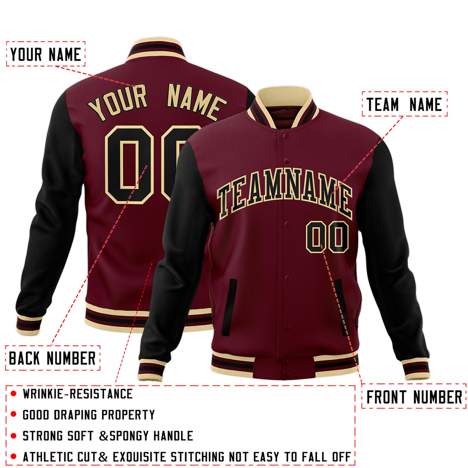 Custom Crimson Black-Khaki Raglan Sleeves Varsity Full-Snap Letterman Jacket