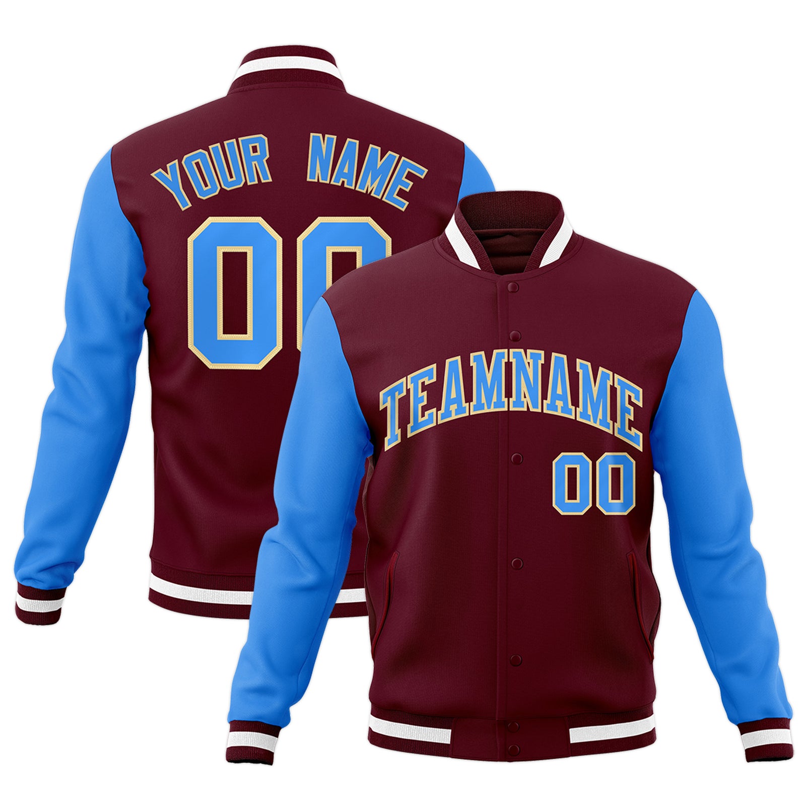 Custom Crimson Powder Blue-Khaki Raglan Sleeves Varsity Full-Snap Letterman Jacket