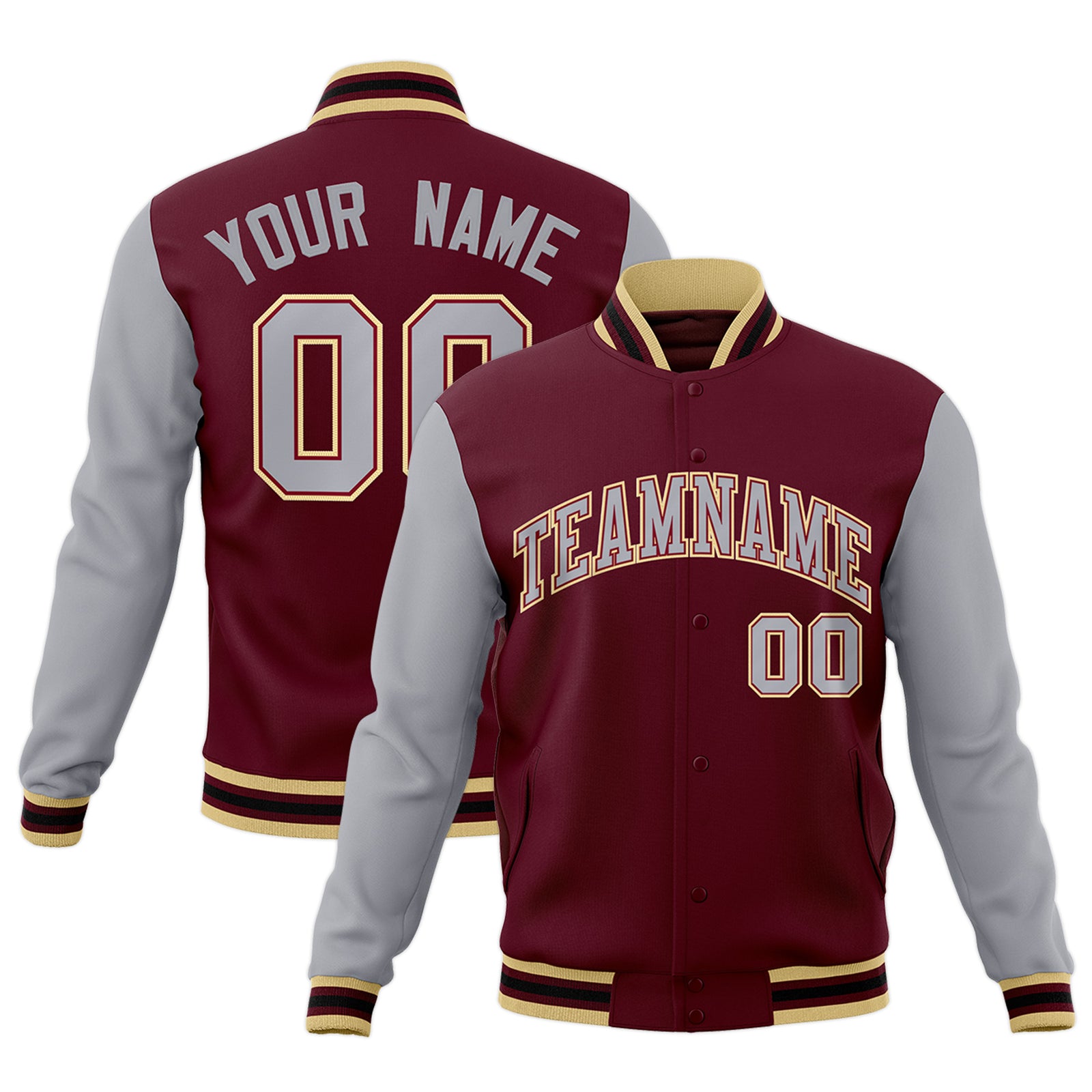 Custom Crimson Gray-Crimson Raglan Sleeves Varsity Full-Snap Letterman Jacket