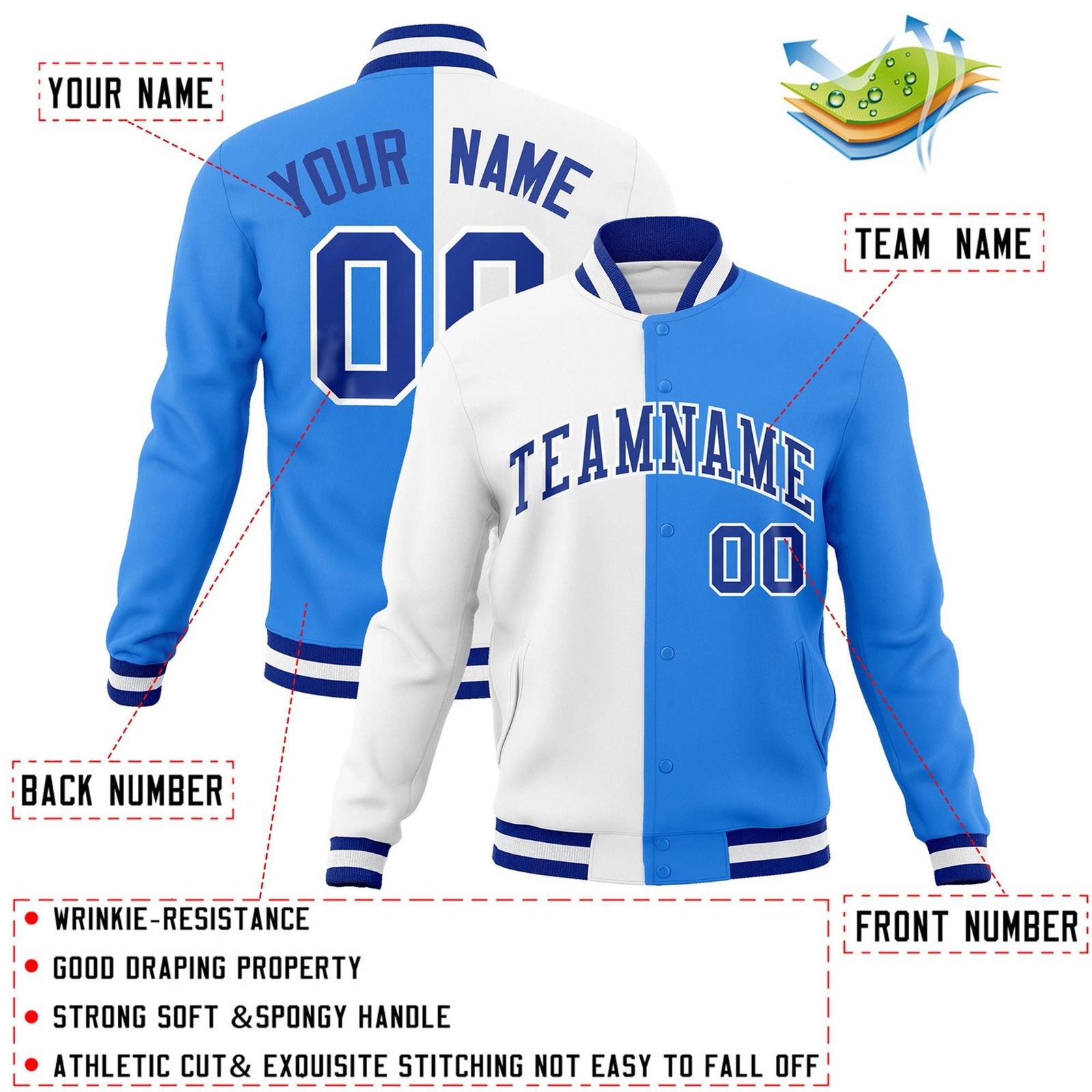 Custom White Powder Blue-Royal Varsity Full-Snap Letterman Two Tone Split Fashion Jacket