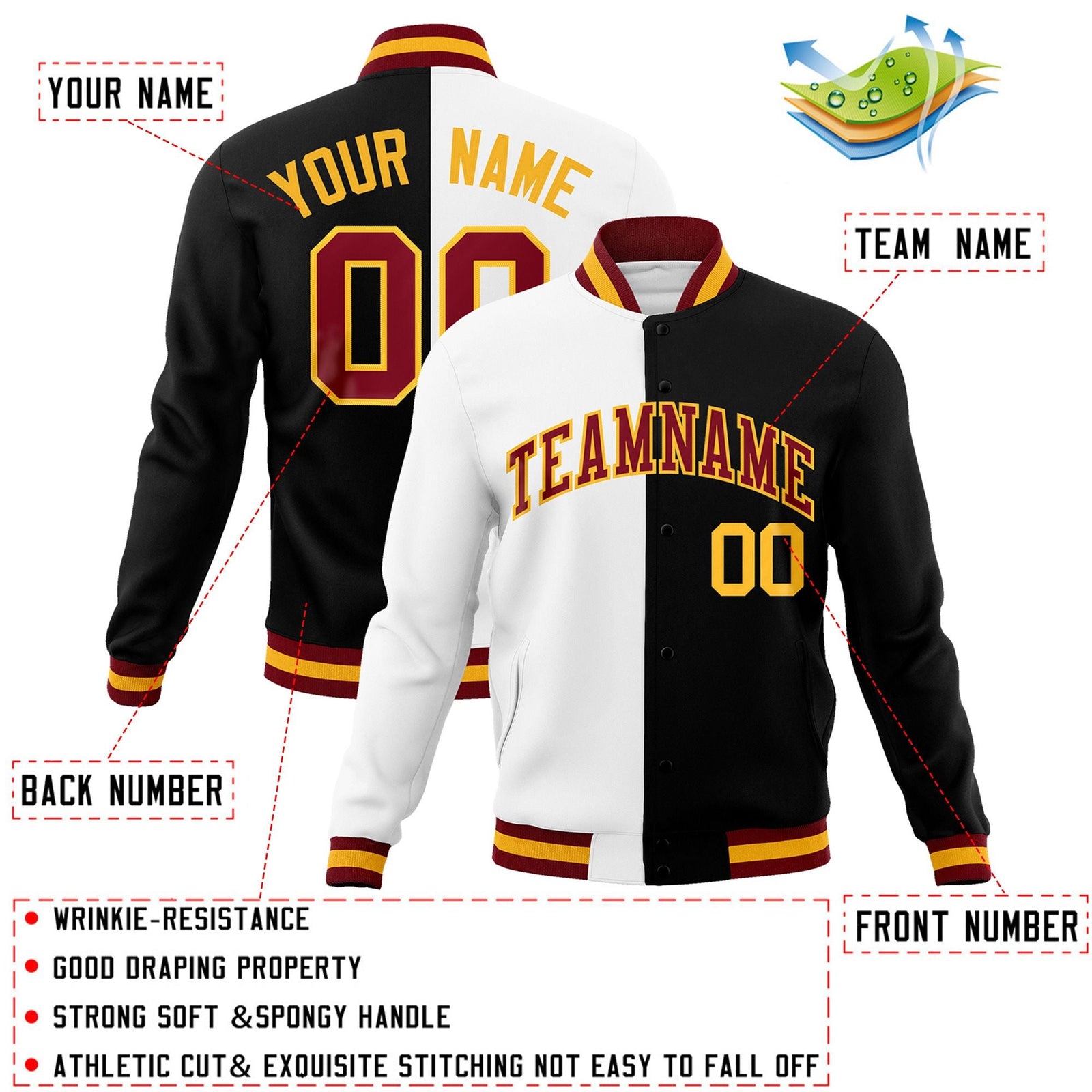 Custom White Black-Crimson Varsity Full-Snap Letterman Two Tone Split Fashion Jacket