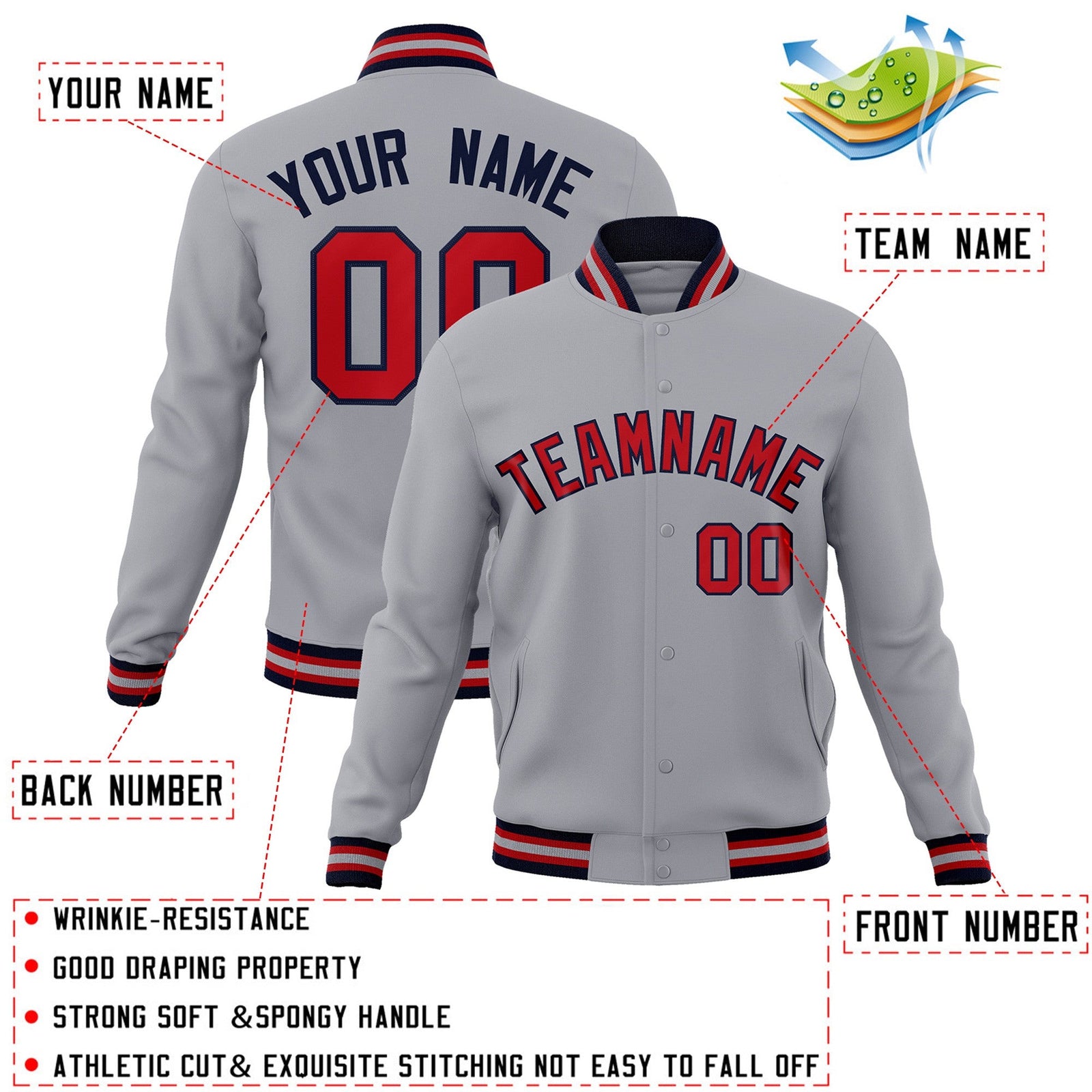 Custom Gray Red-Navy Classic Style Varsity Full-Snap Letterman Jacket