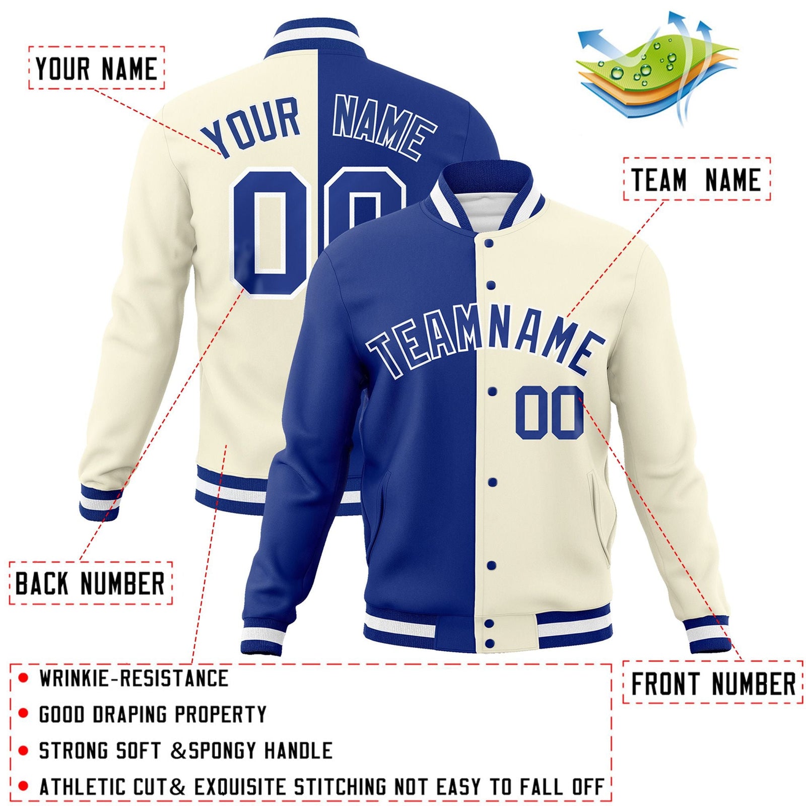 Custom Royal Khaki-Royal Varsity Full-Snap Letterman Two Tone Split Fashion Jacket