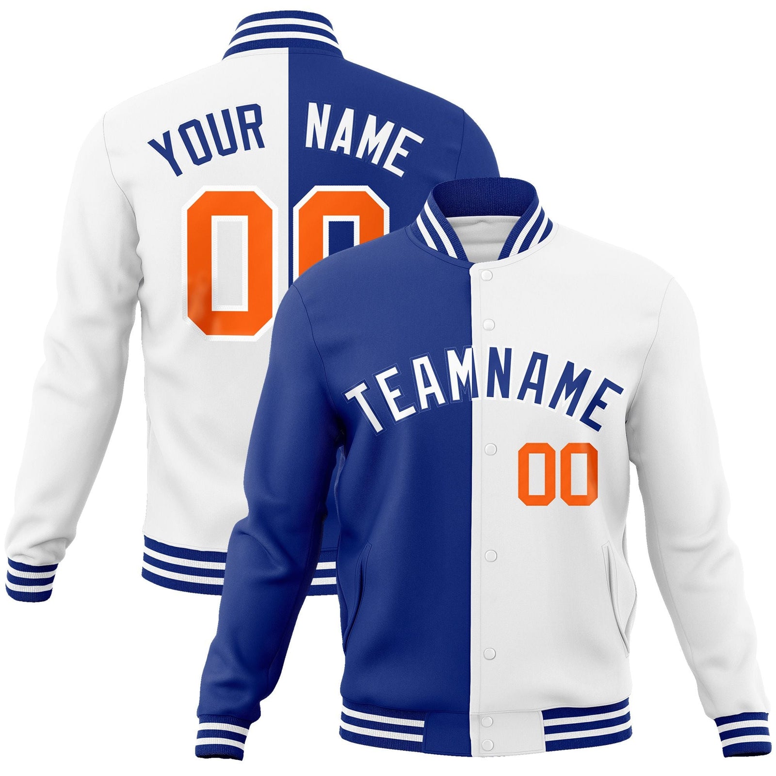 Custom Royal White-White Varsity Full-Snap Letterman Two Tone Split Fashion Jacket
