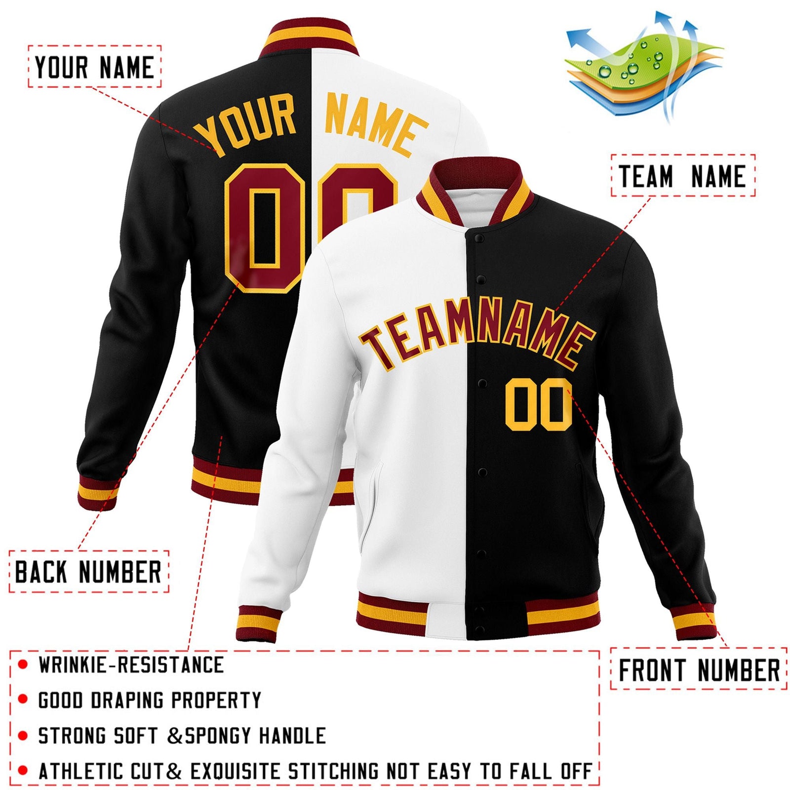 Custom White Black-Crimson Varsity Full-Snap Letterman Two Tone Split Fashion Jacket