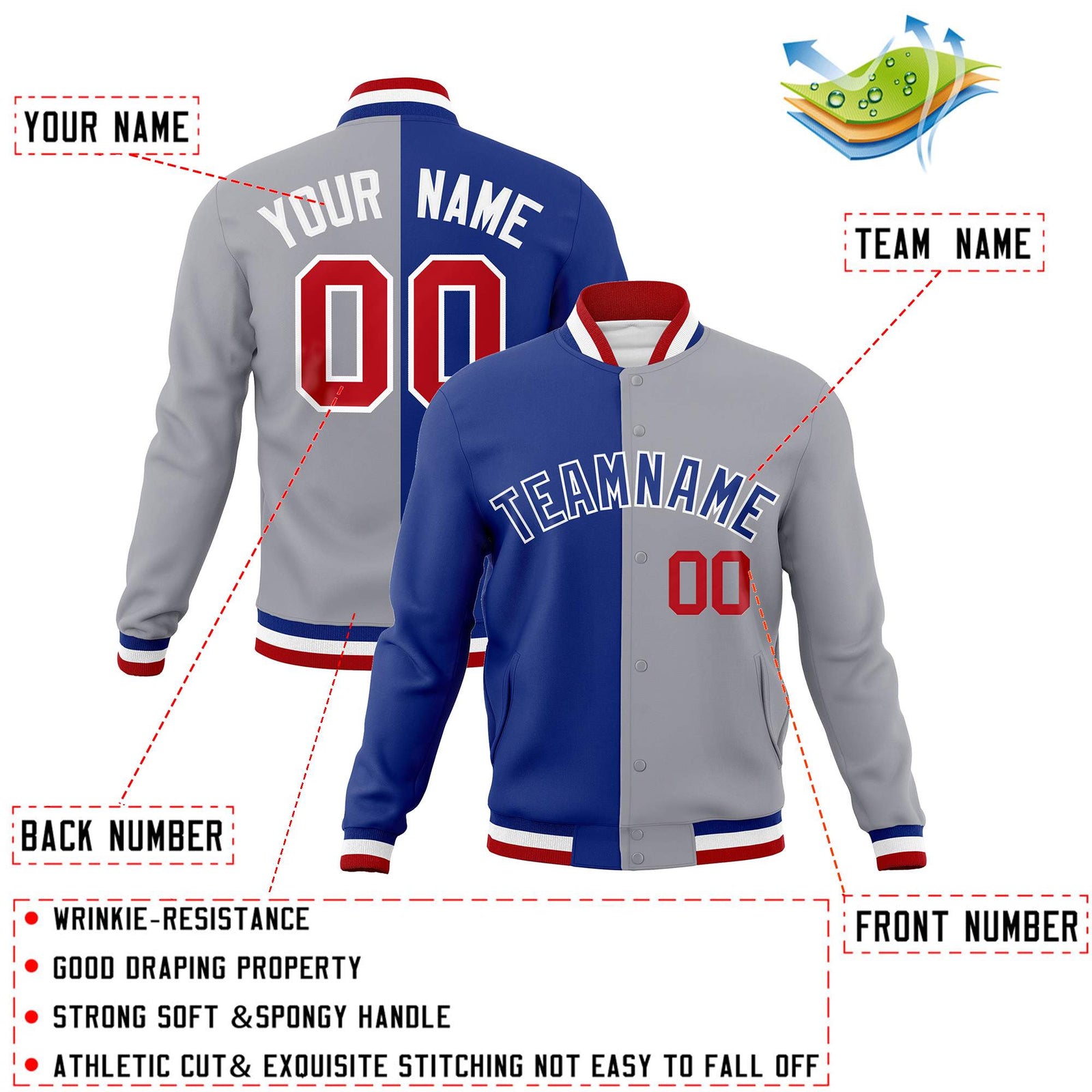 Custom Royal Gray-Royal Varsity Full-Snap Letterman Two Tone Split Fashion Jacket