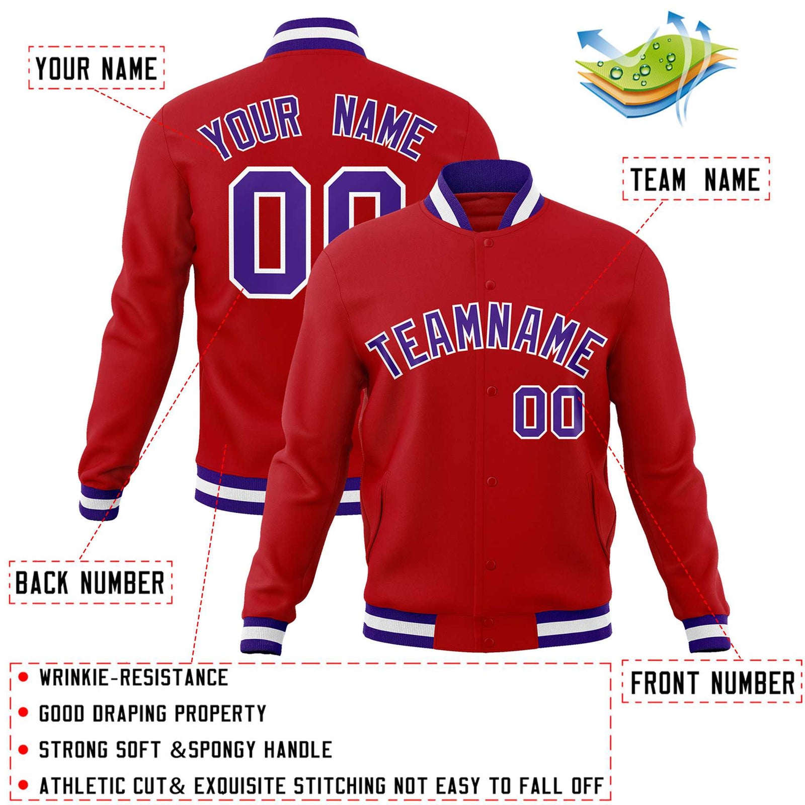 Custom Red Purple-White Classic Style Varsity Full-Snap Letterman Jacket