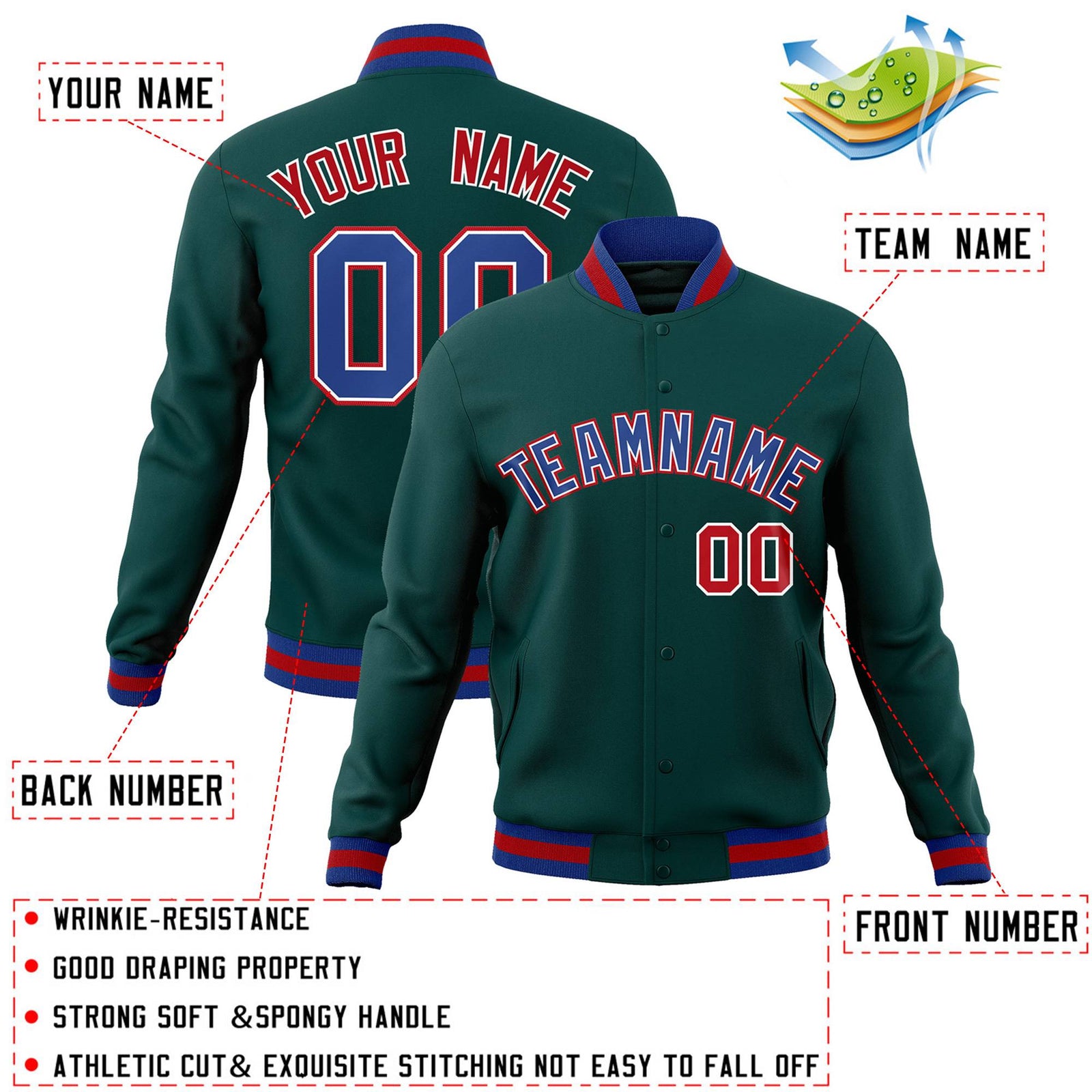 Custom Midnight Green Royal-White Classic Style Varsity Full-Snap Letterman Jacket