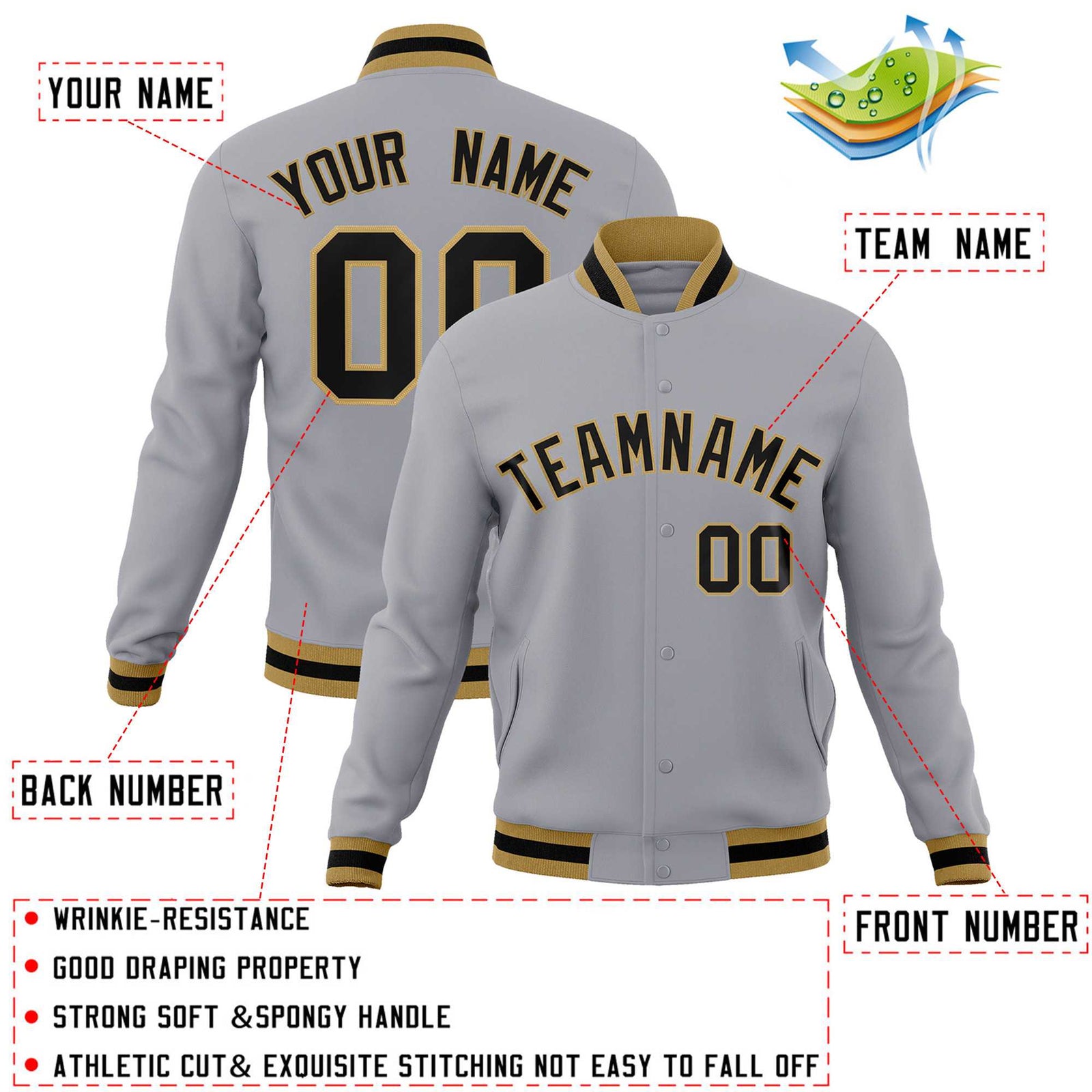 Custom Gray Black-Old Gold Classic Style Varsity Full-Snap Letterman Jacket