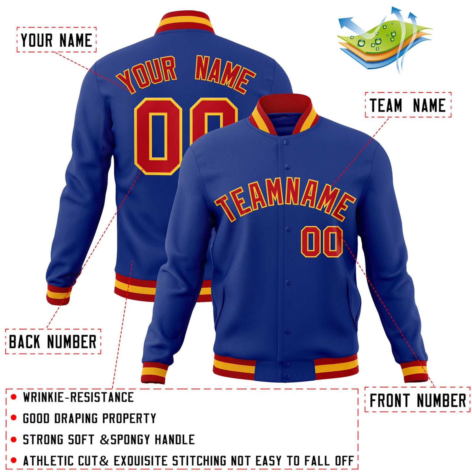 Custom Royal Red-Gold Classic Style Varsity Full-Snap Letterman Jacket